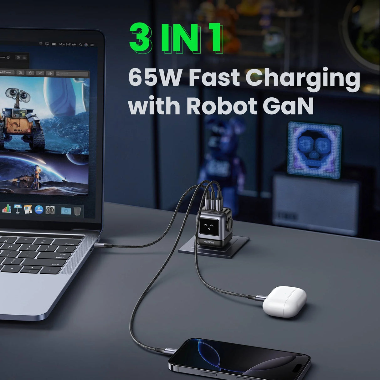 UGREEN Uno 65W Cargador USB-C 3 Puertos Robot GaN