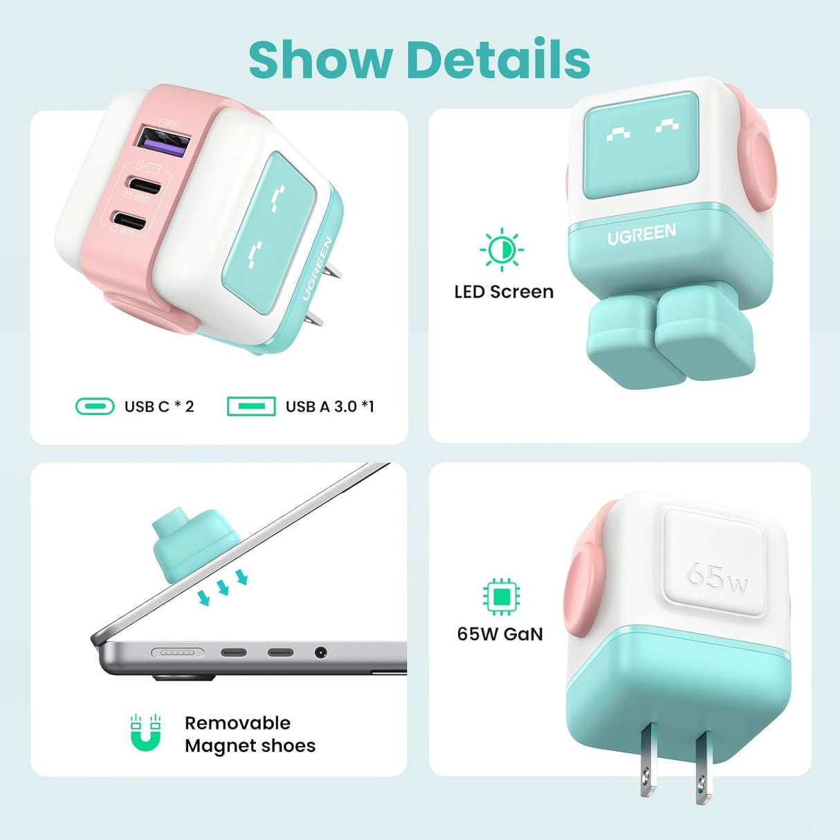 UGREEN Uno 65W Cargador USB-C 3 Puertos Robot GaN