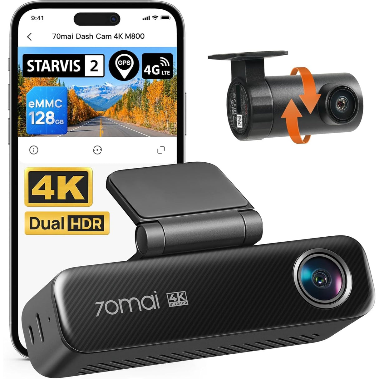 70mai 4K M800 Dash Cam de 2 Canales Frontal + Trasera STARVIS 2 IMX678 + 128GB eMMC Soporta 4G LTE