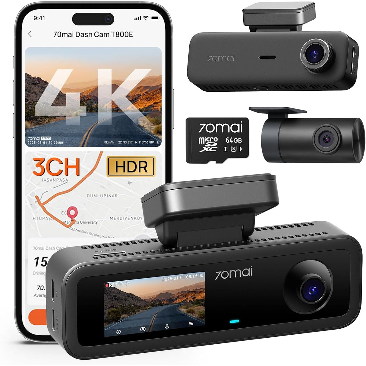 70mai 4K T800E Dash Cam de 3 Canales Frontal + Trasera + Interior + 64GB MicroSD Wi-Fi 6