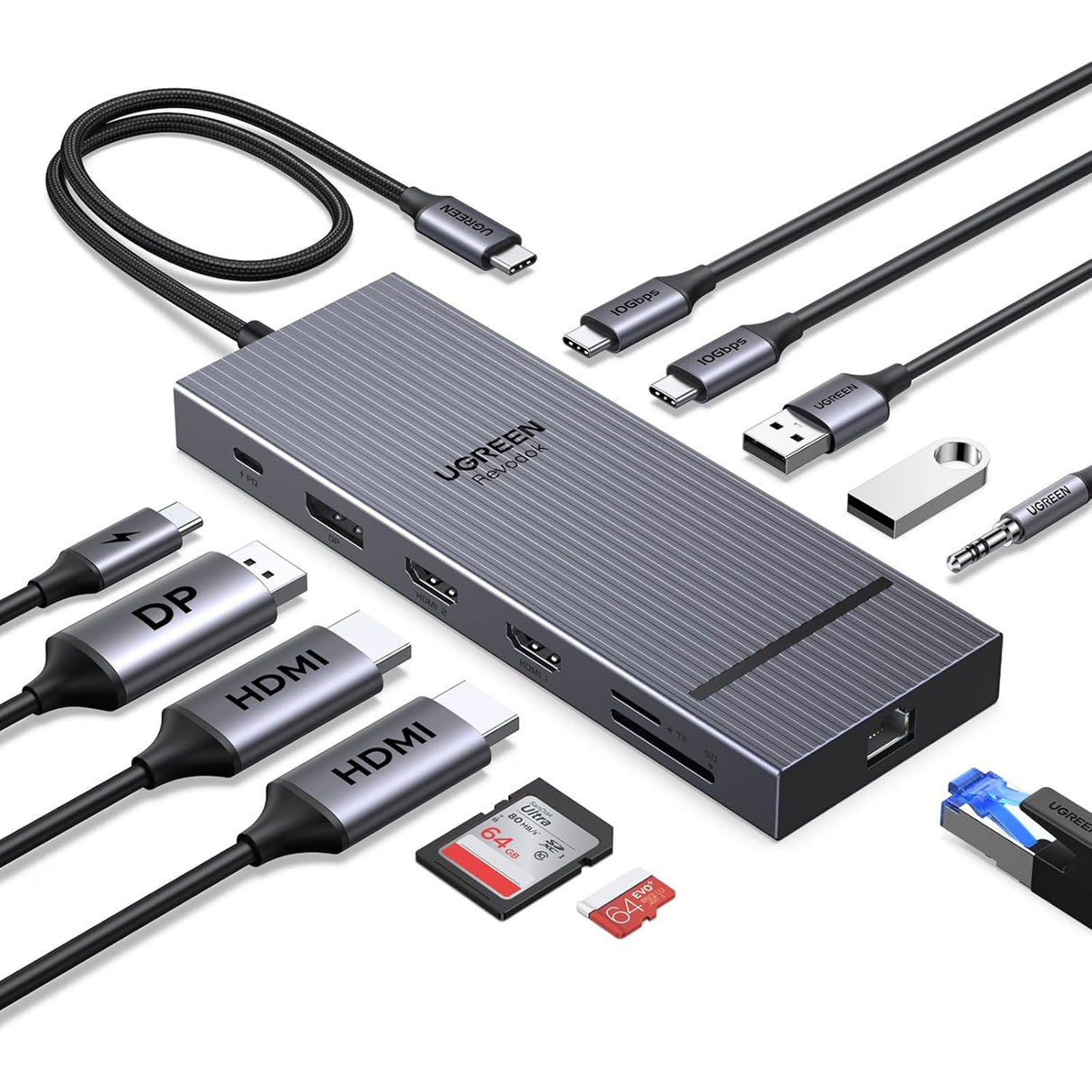 UGREEN Revodok Pro 12 en 1 Triple 4K Docking Station con 2 HDMI, DP, 2x10G USB C, 2×USB-A2.0, 100W PD, SD/TF, 1000Mbps Ethernet, 3.5MM Audio