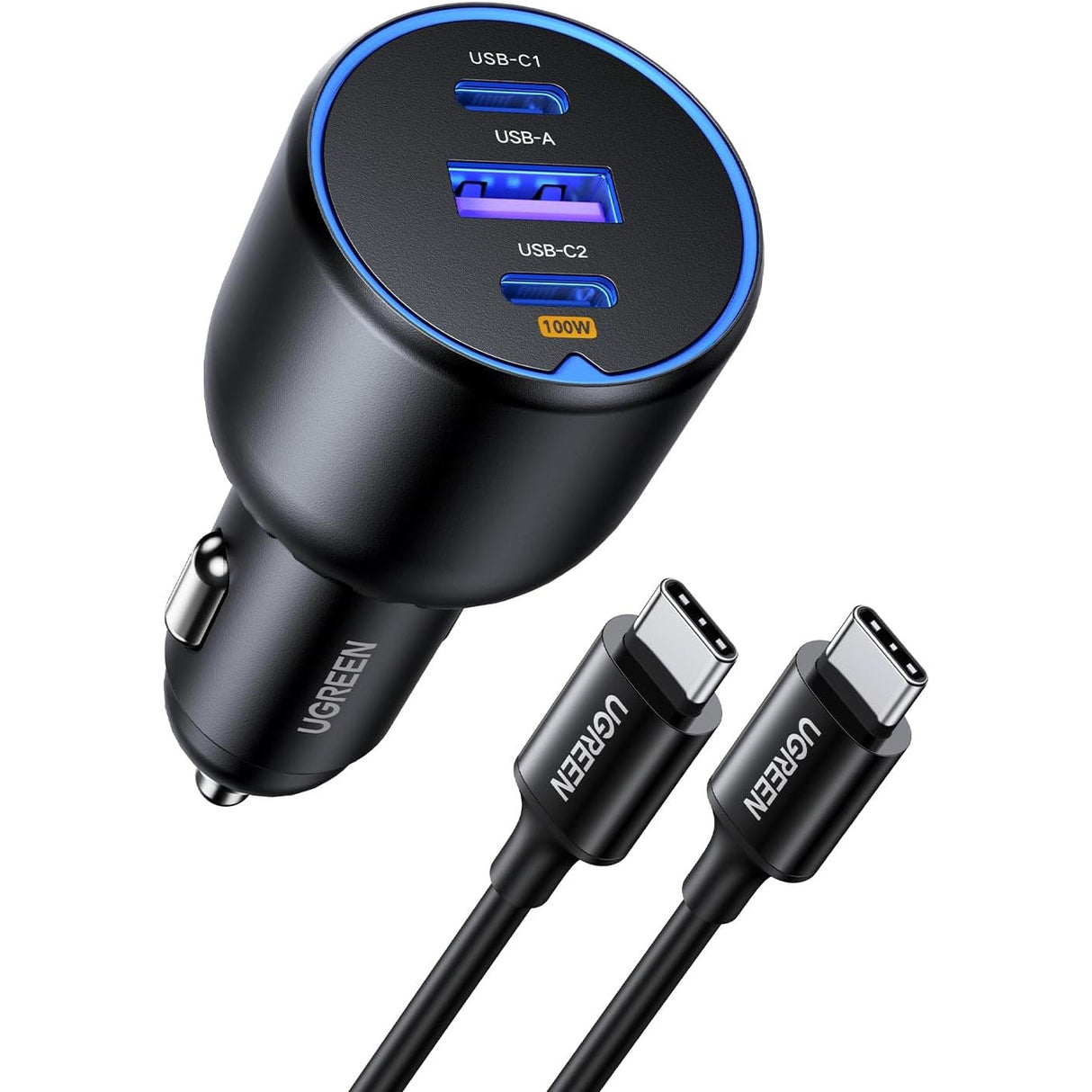 UGREEN 130W Cargador Rápido para Carro de 3 Puertos con Cable USB-C