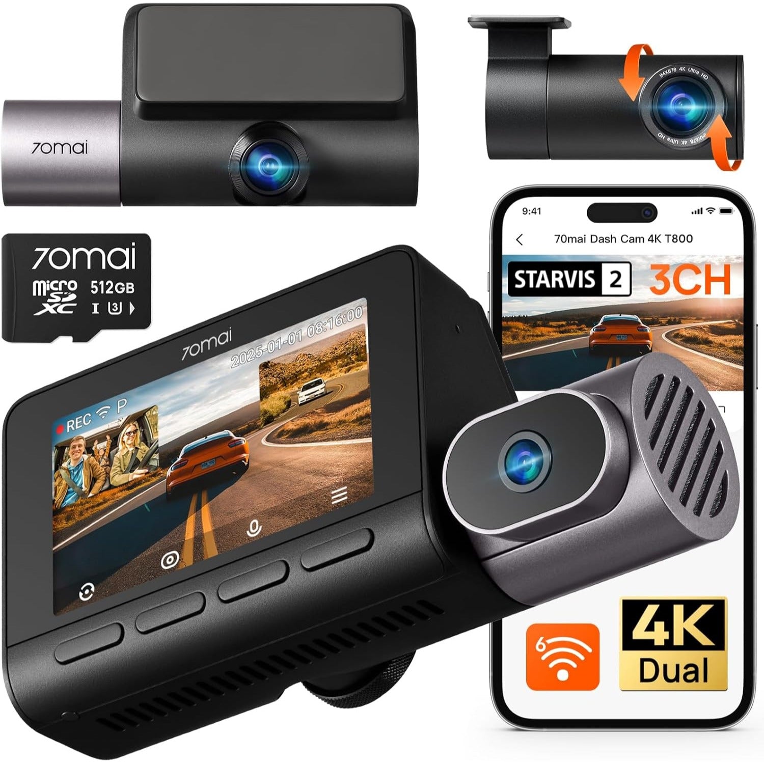 70mai 4K T800 Dash Cam de 3 Canales Frontal + Trasera + Interior STARVIS 2 IMX678 + 512GB MicroSD Soporta 4G LTE