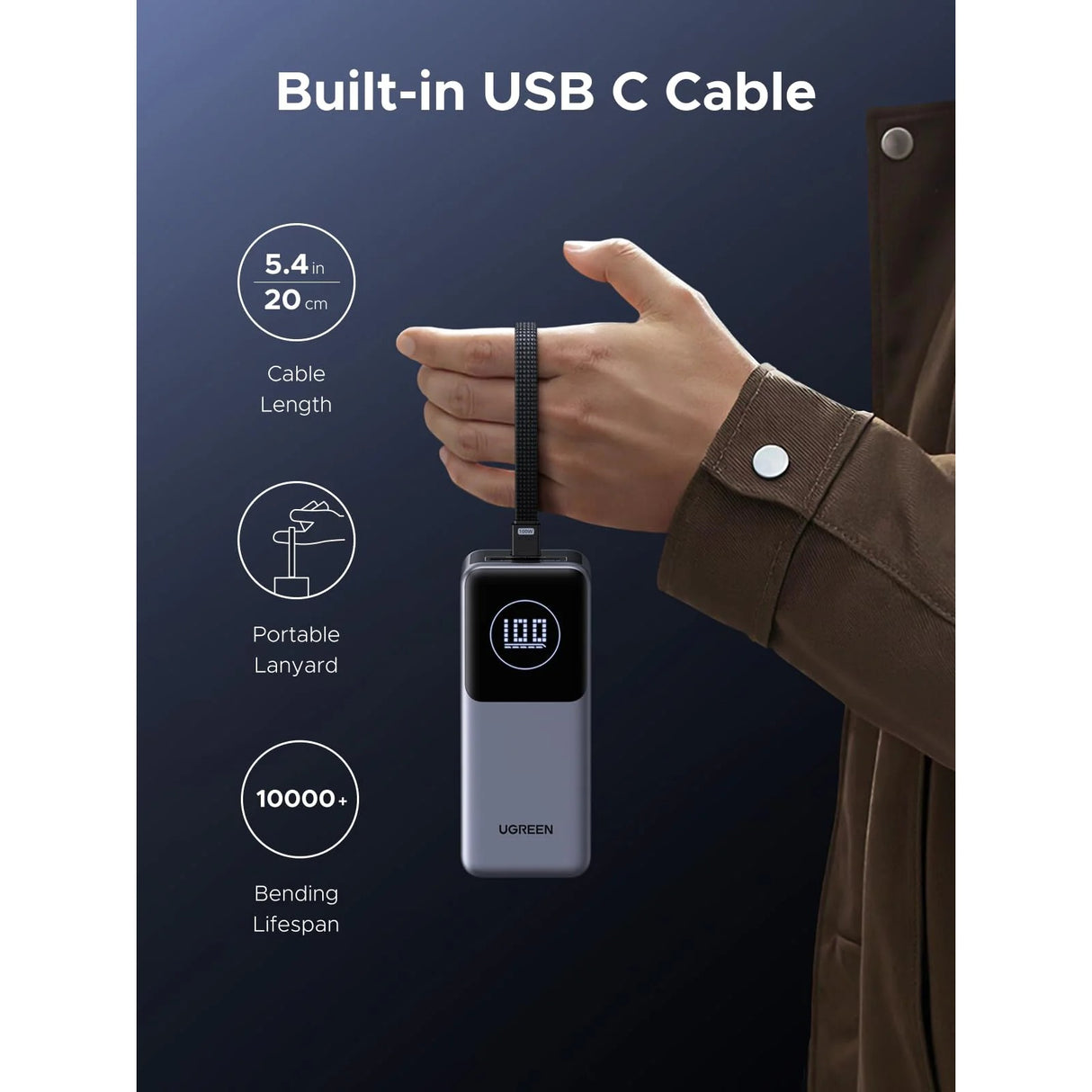 UGREEN Nexode Power Bank 20000mAh 130W con Cable USB-C Integrado