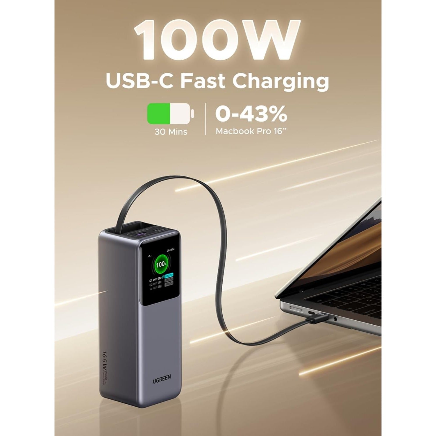 UGREEN Nexode Power Bank 20000mAh 165W con Cable USB-C Retráctil