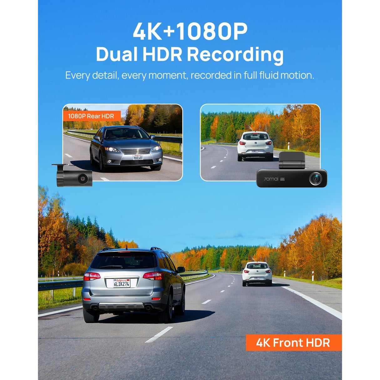 70mai 4K M800 Dash Cam de 2 Canales Frontal + Trasera STARVIS 2 IMX678 + 128GB eMMC Soporta 4G LTE