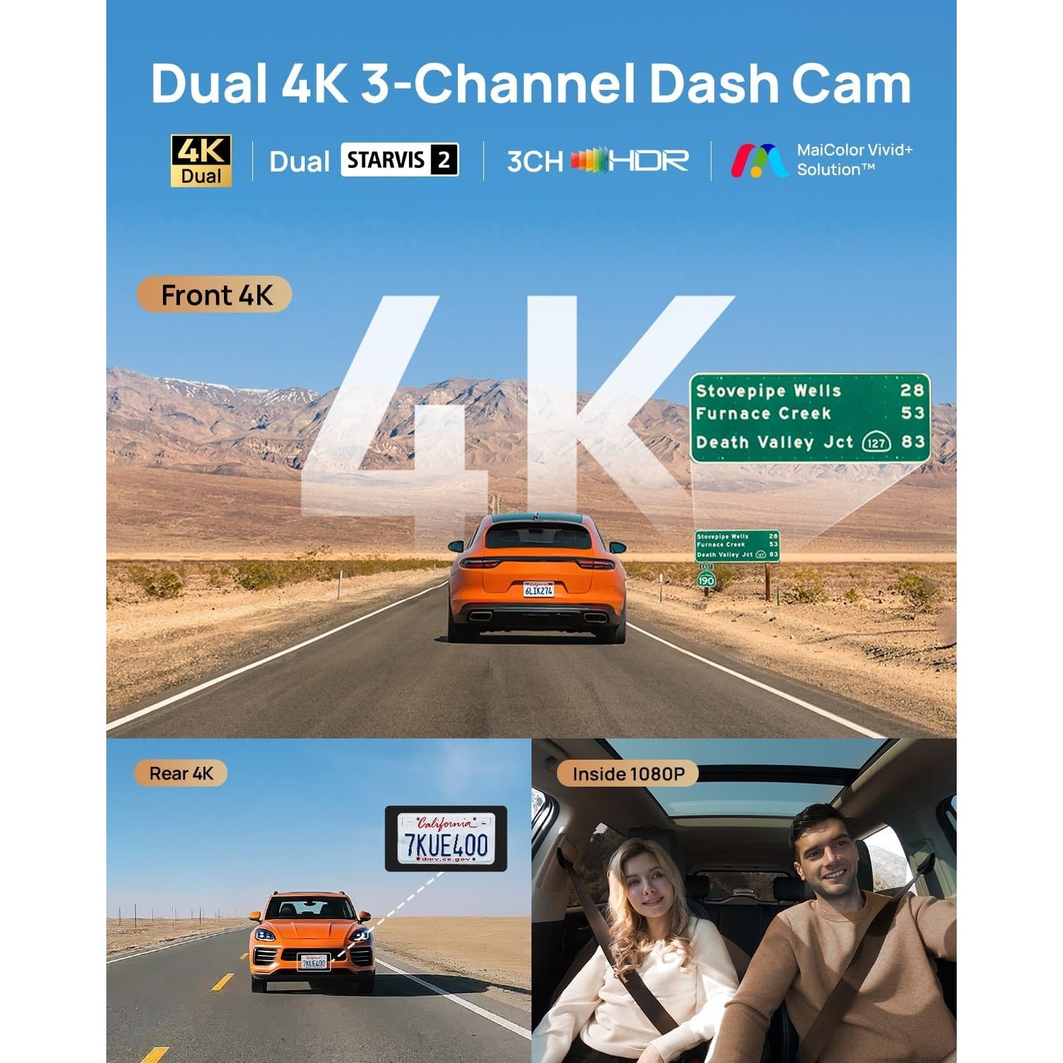 70mai 4K T800 Dash Cam de 3 Canales Frontal + Trasera + Interior STARVIS 2 IMX678 + 512GB MicroSD Soporta 4G LTE