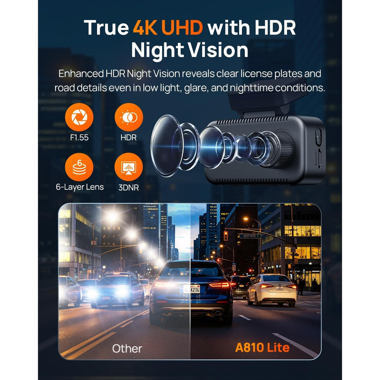 70mai 4K A810 Lite Set Dash Cam Frontal + Trasera + Control por Voz + 64GB MicroSD Soporta 4G LTE