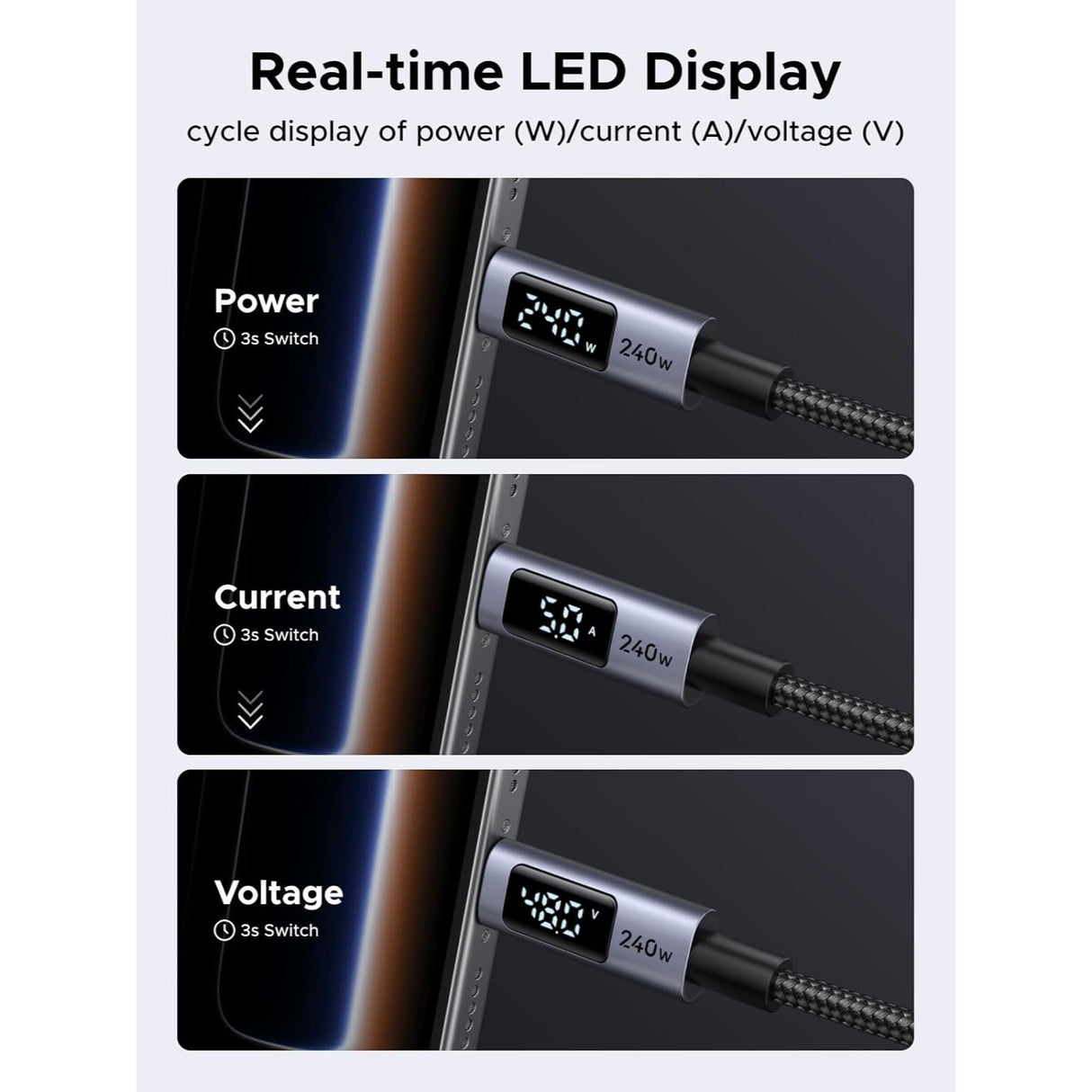 UGREEN 240W Cable USB-C a USB-C Carga Rápida con Pantalla para Monitoreo en Tiempo Real - 1 Metro