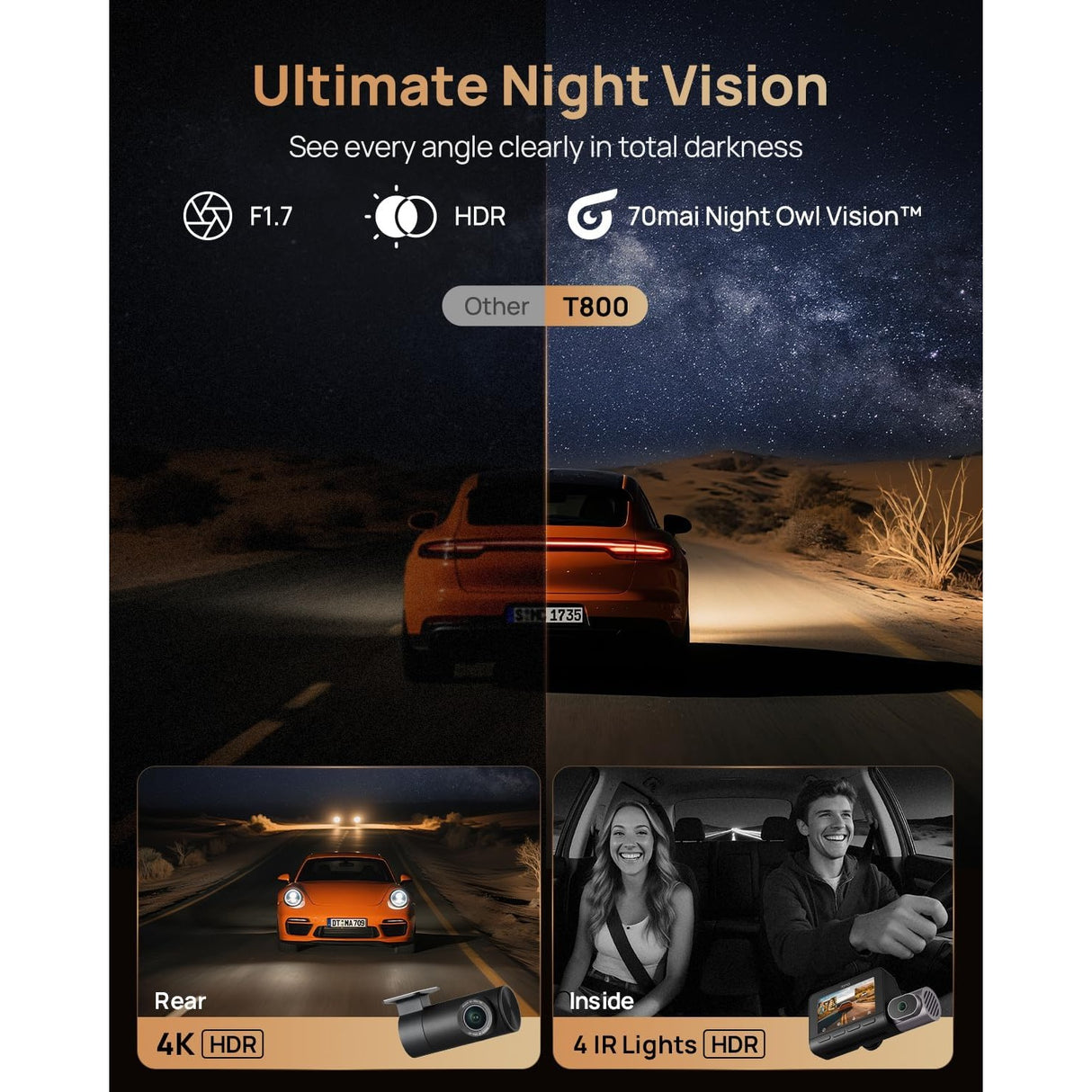 70mai 4K T800 Dash Cam de 3 Canales Frontal + Trasera + Interior STARVIS 2 IMX678 + 512GB MicroSD Soporta 4G LTE