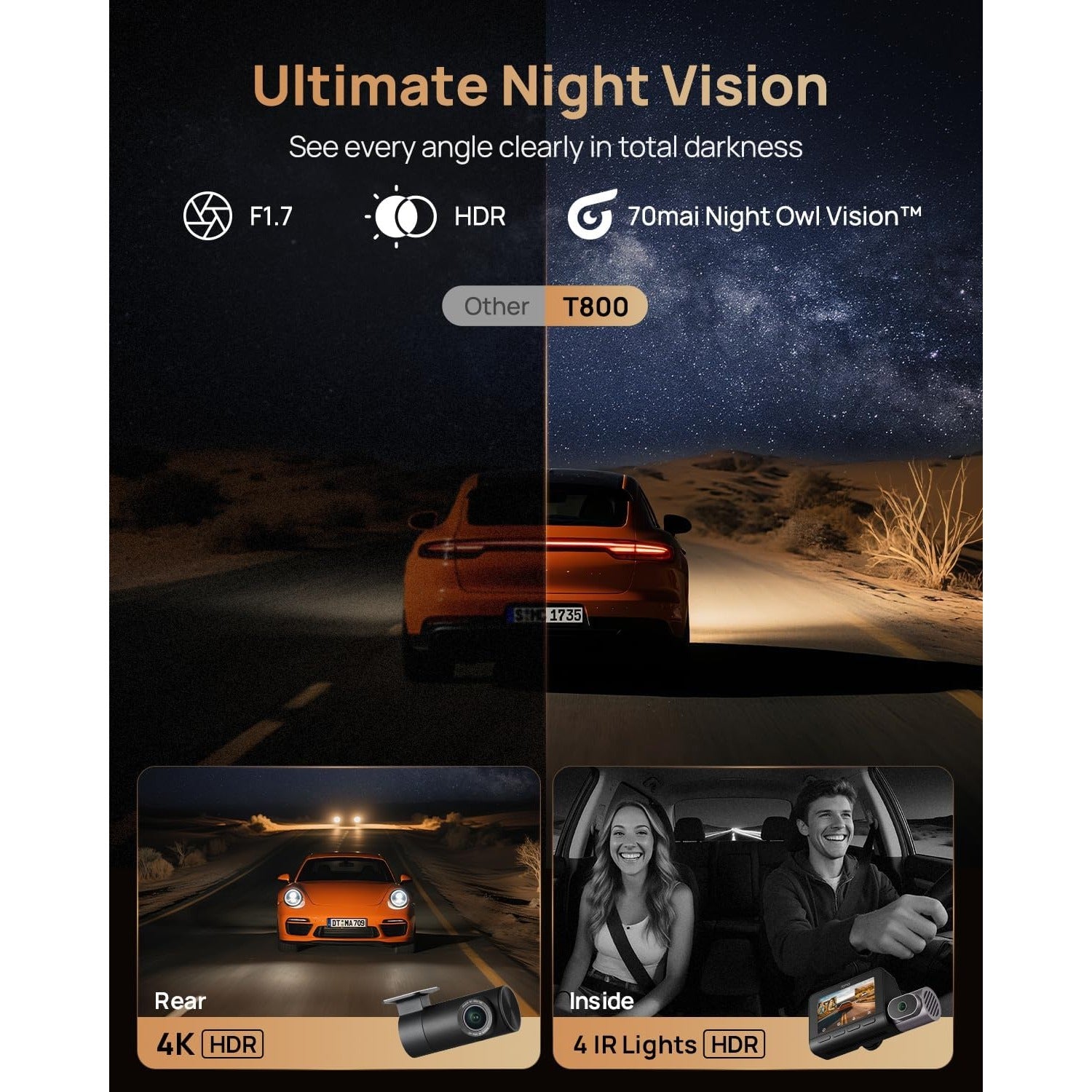 70mai 4K T800 Dash Cam de 3 Canales Frontal + Trasera + Interior STARVIS 2 IMX678 + 512GB MicroSD Soporta 4G LTE