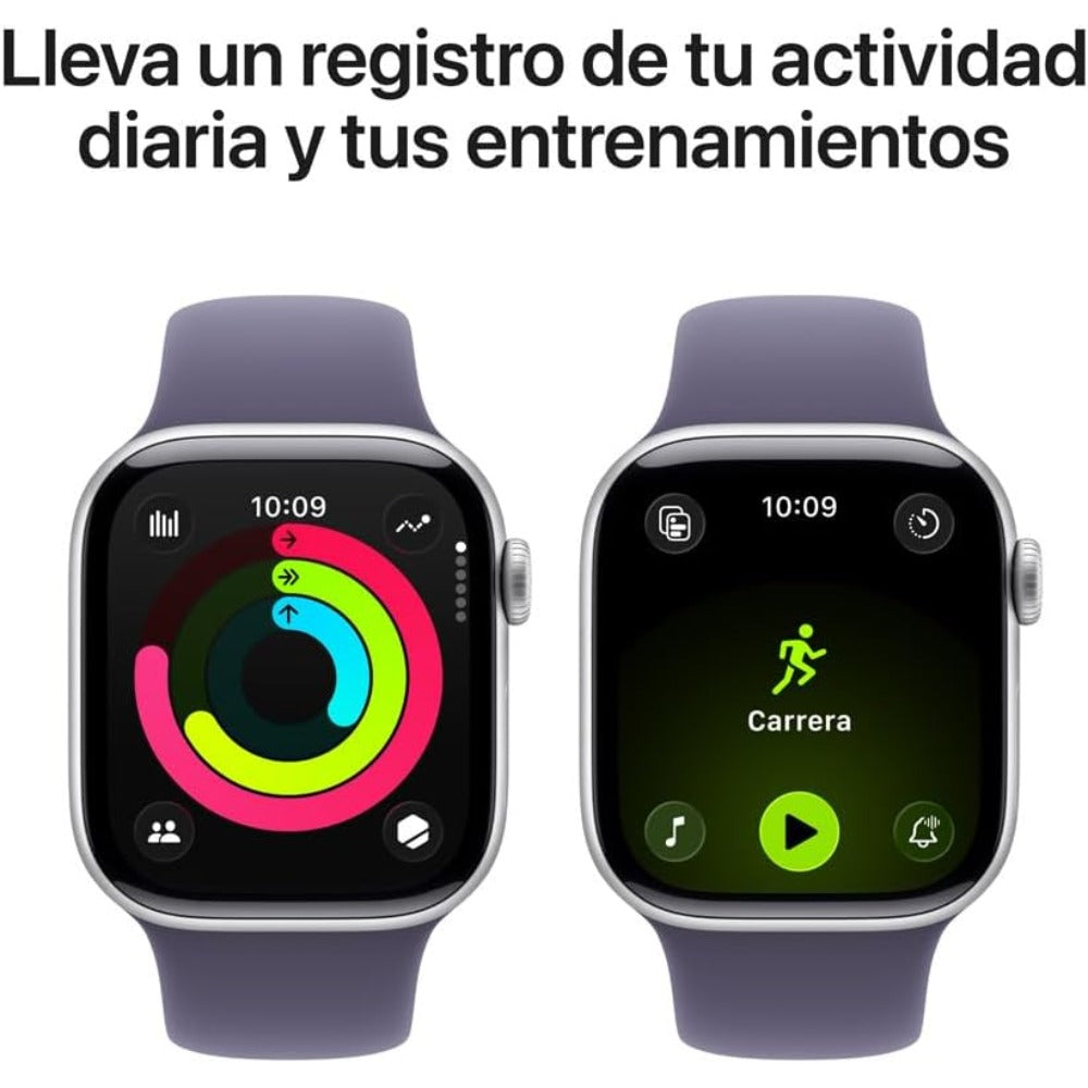 Apple Watch Series 11 GPS con Caja de Aluminio Color Plata de 42 mm y Correa Deportiva Morado Niebla S/M