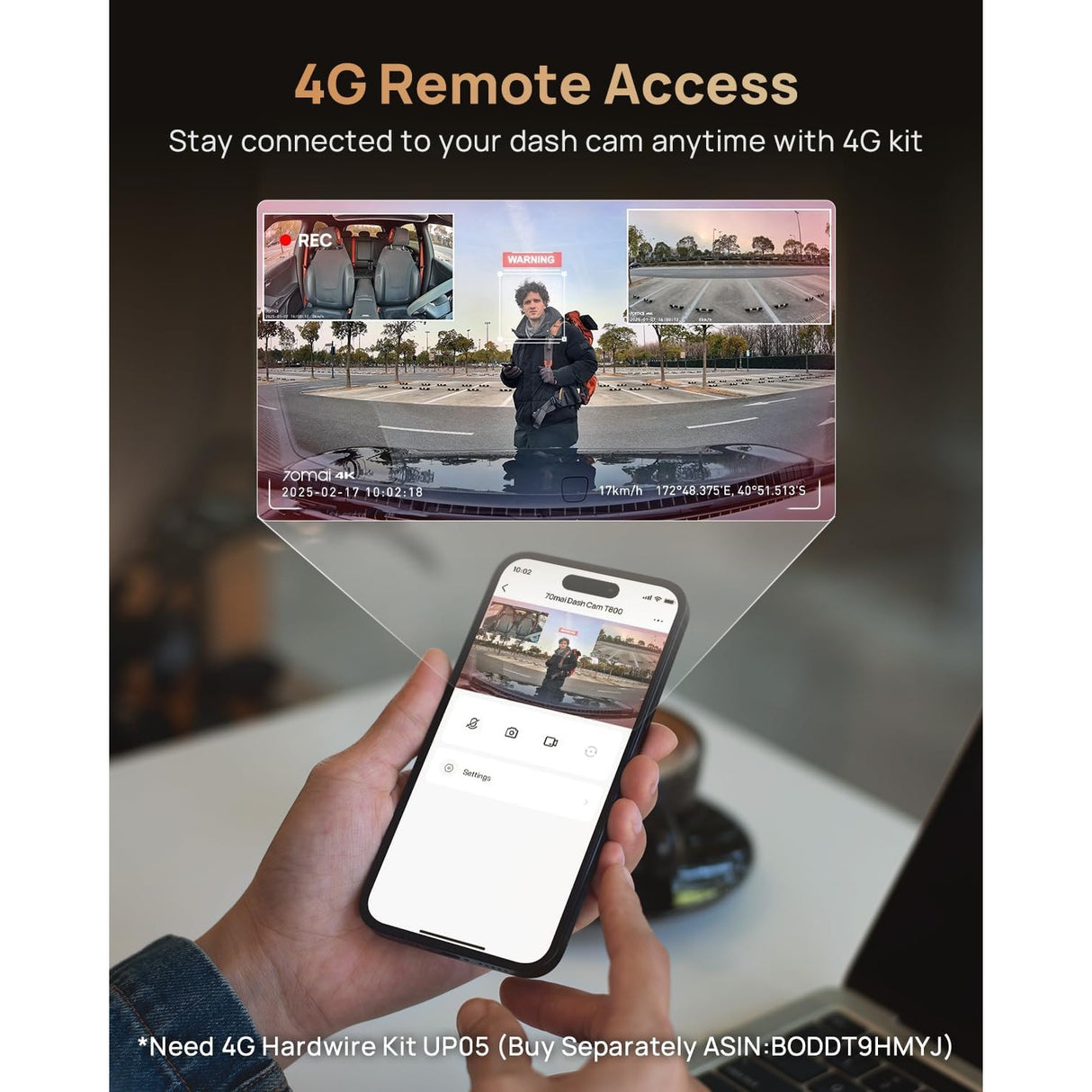 70mai 4K T800 Dash Cam de 3 Canales Frontal + Trasera + Interior STARVIS 2 IMX678 + 512GB MicroSD Soporta 4G LTE