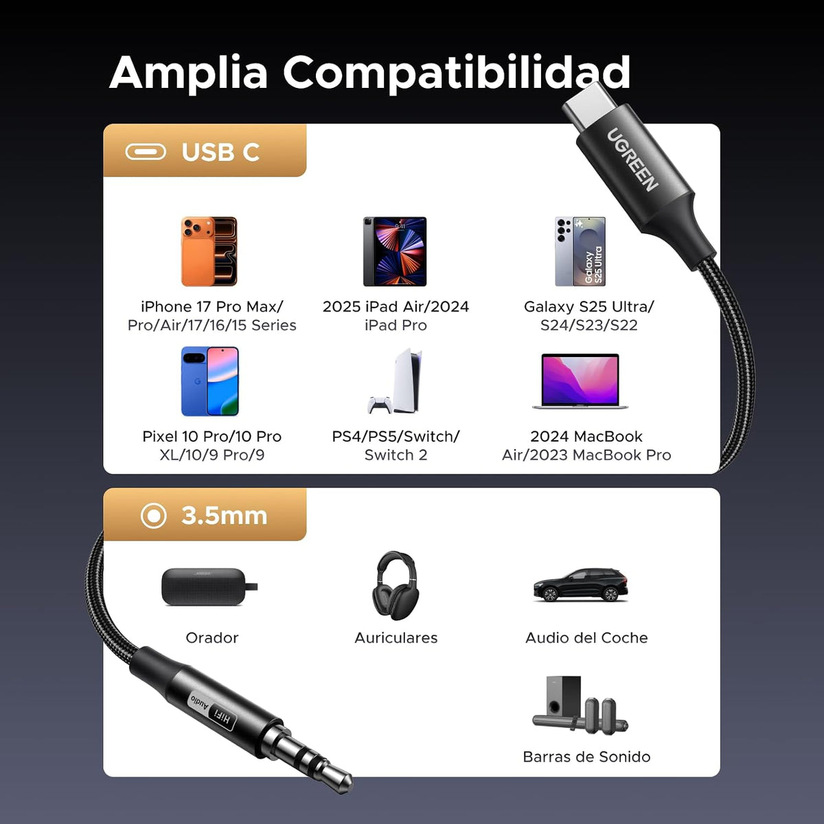UGREEN Cable USB-C a Jack 3.5mm Hi-Res Audio, Adaptador Auxiliar para Auriculares, Nylon Trenzado, Compatible con iPhone, Samsung Galaxy, iPad, MacBook