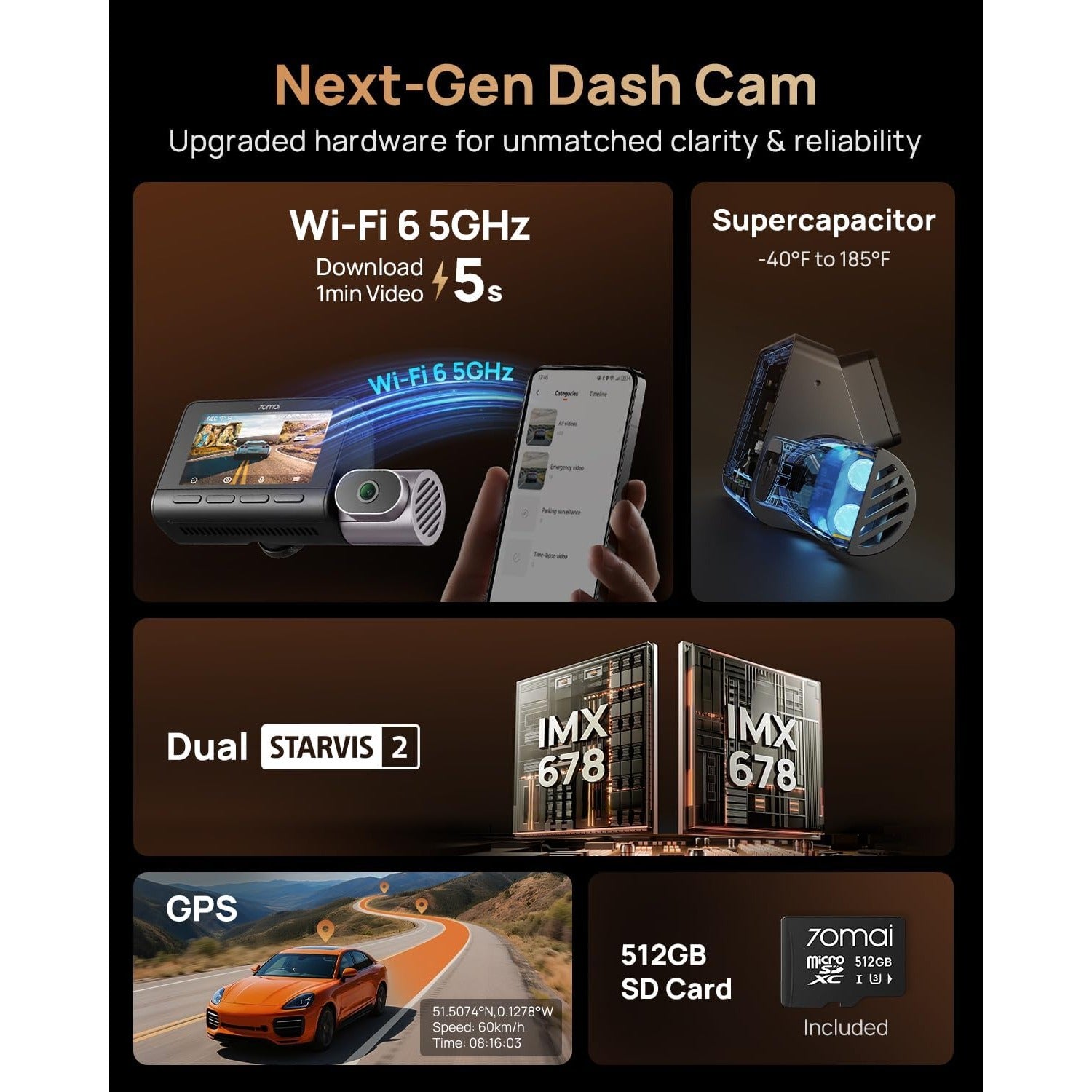 70mai 4K T800 Dash Cam de 3 Canales Frontal + Trasera + Interior STARVIS 2 IMX678 + 512GB MicroSD Soporta 4G LTE