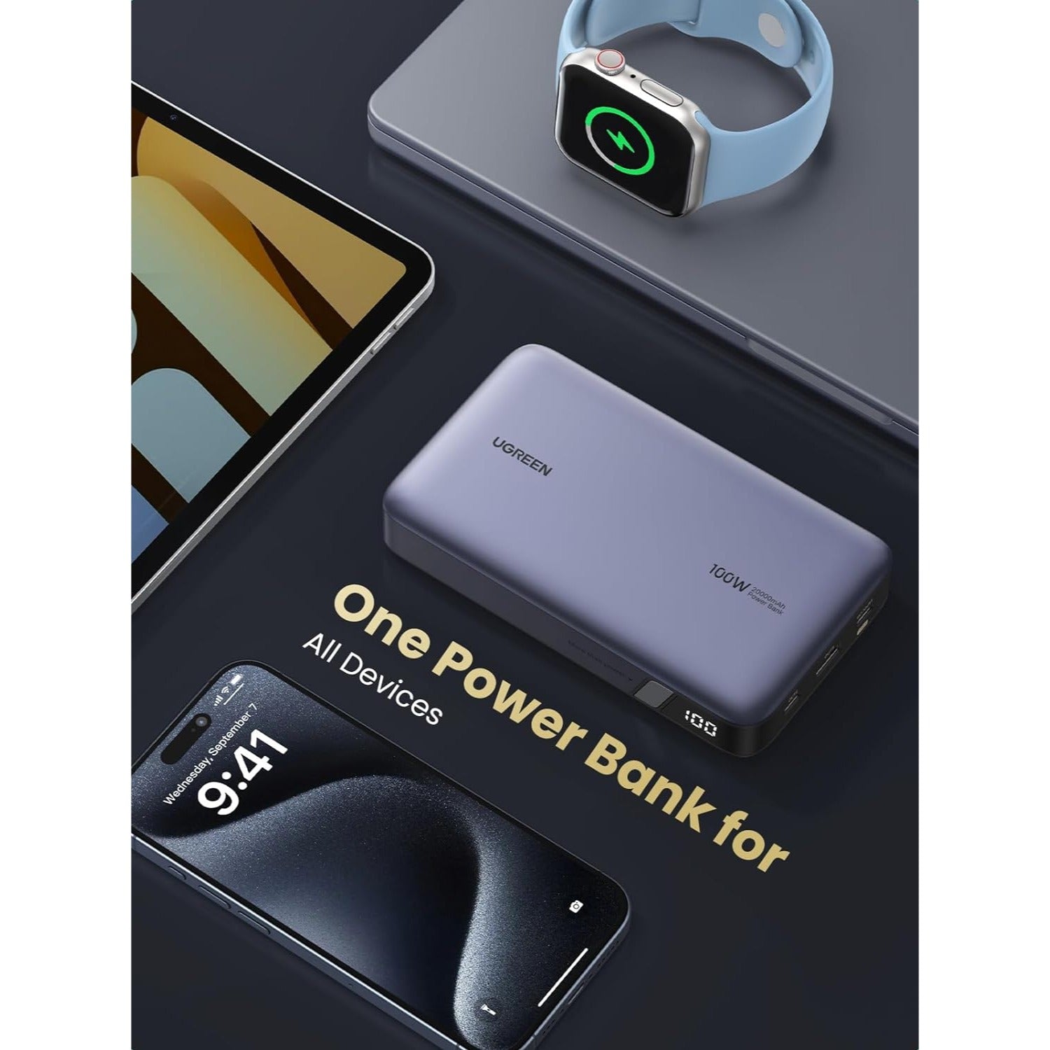 UGREEN 100W 20000mAh Power Bank Nexode 3-Puertos PD3.0, con pantalla para MacBook, Laptop, iPhone 15/14/13/12 Series, Samsung, AirPods y más
