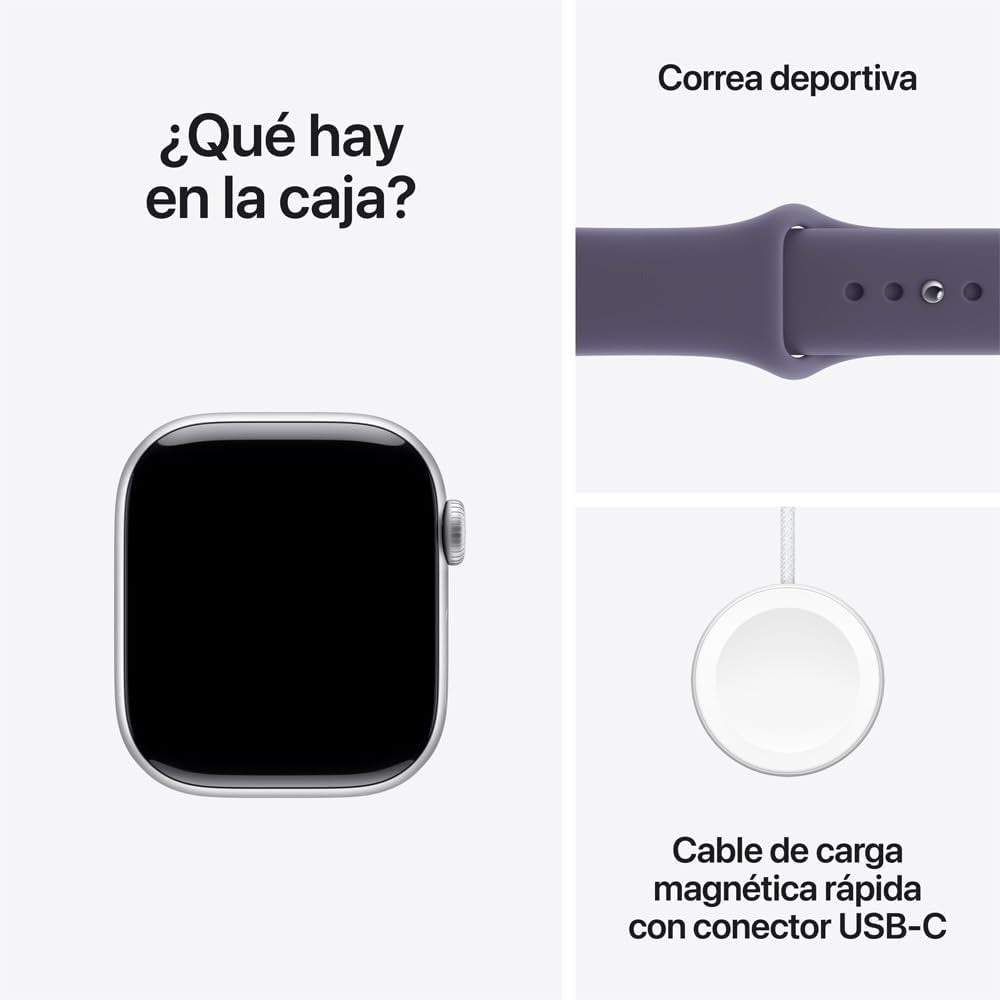 Apple Watch Series 11 GPS con Caja de Aluminio Color Plata de 42 mm y Correa Deportiva Morado Niebla S/M