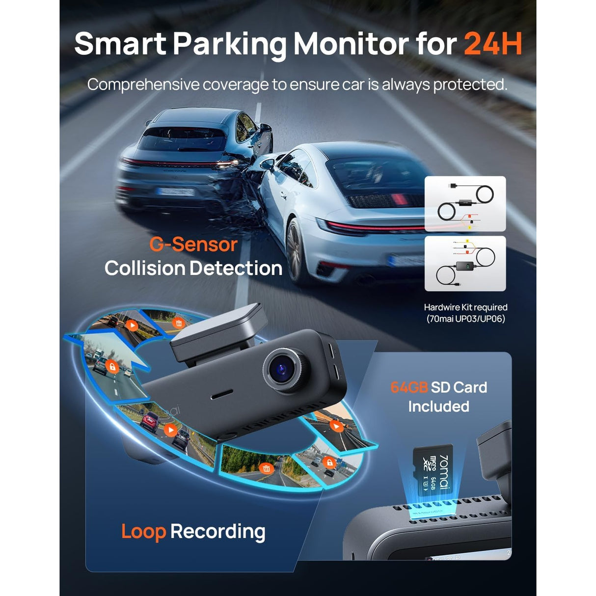 70mai 4K T800E Dash Cam de 3 Canales Frontal + Trasera + Interior + 64GB MicroSD Wi-Fi 6