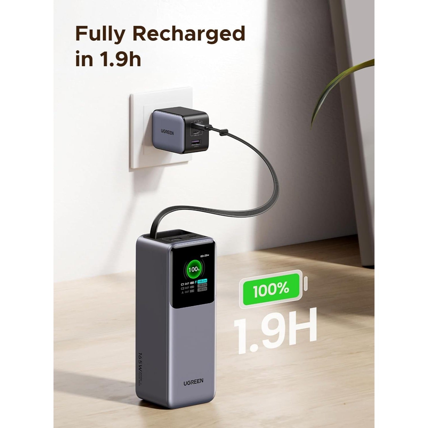 UGREEN Nexode Power Bank 20000mAh 165W con Cable USB-C Retráctil