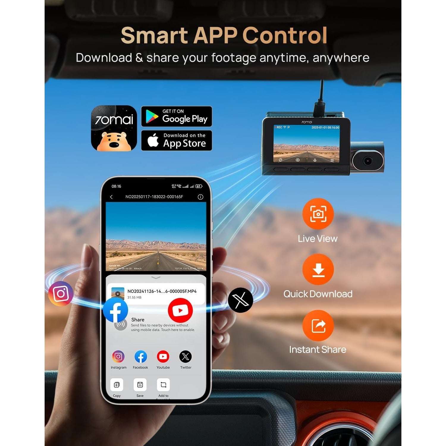 70mai 4K T800 Dash Cam de 3 Canales Frontal + Trasera + Interior STARVIS 2 IMX678 + 512GB MicroSD Soporta 4G LTE