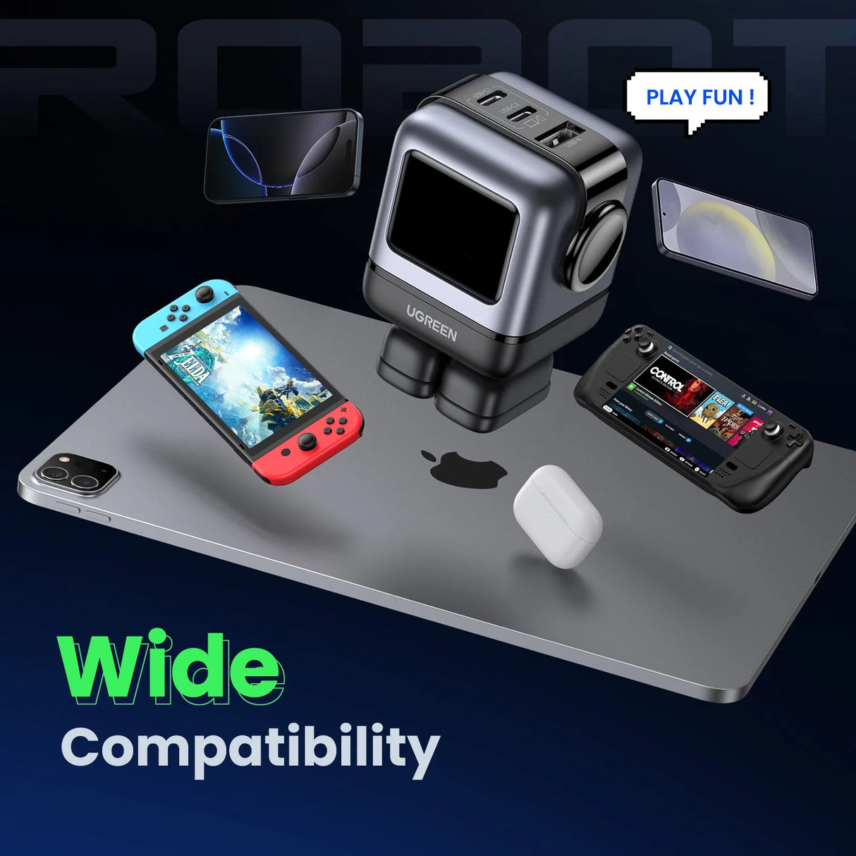 UGREEN Uno 65W Cargador USB-C 3 Puertos Robot GaN