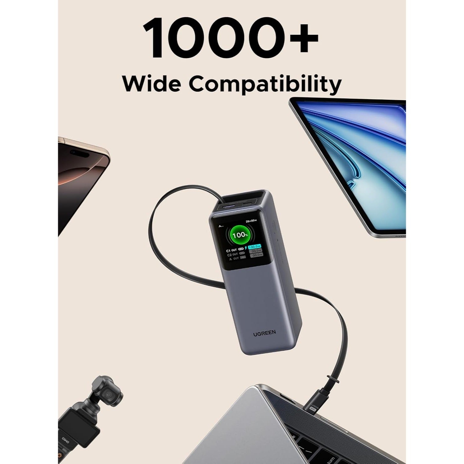 UGREEN Nexode Power Bank 20000mAh 165W con Cable USB-C Retráctil