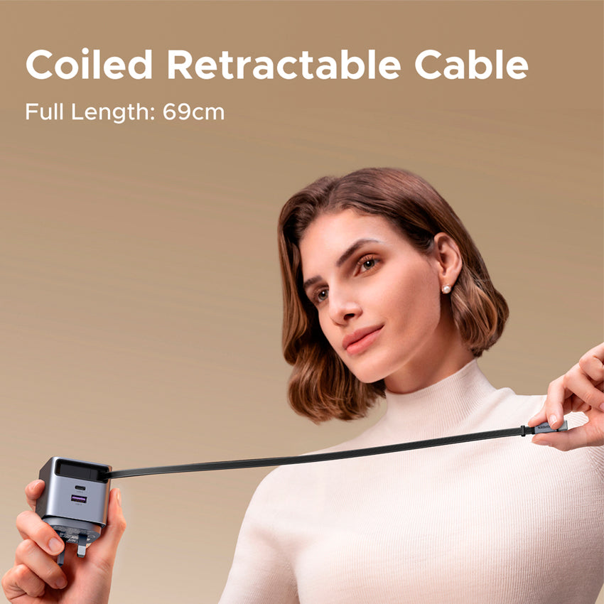 UGREEN 45W Nexode Pro GaN Cargador con Cable USB-C Retráctil y 2 Puertos
