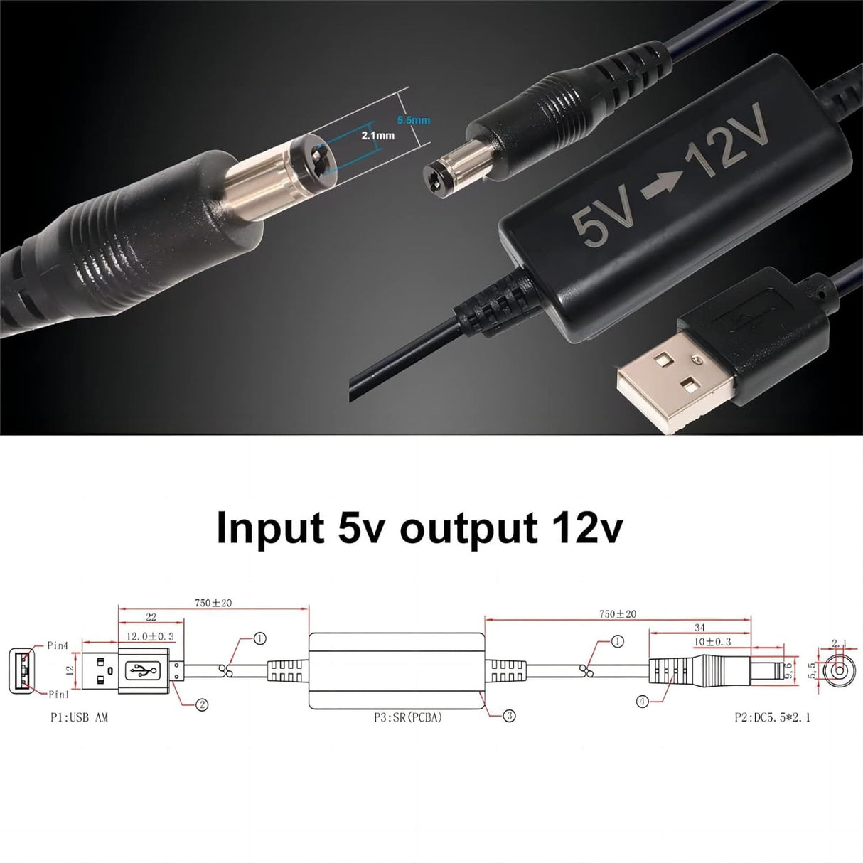 KUNCAN USB 5V a 12V DC Cable Adaptador Step Up (12V 1A Max) 1 Metro