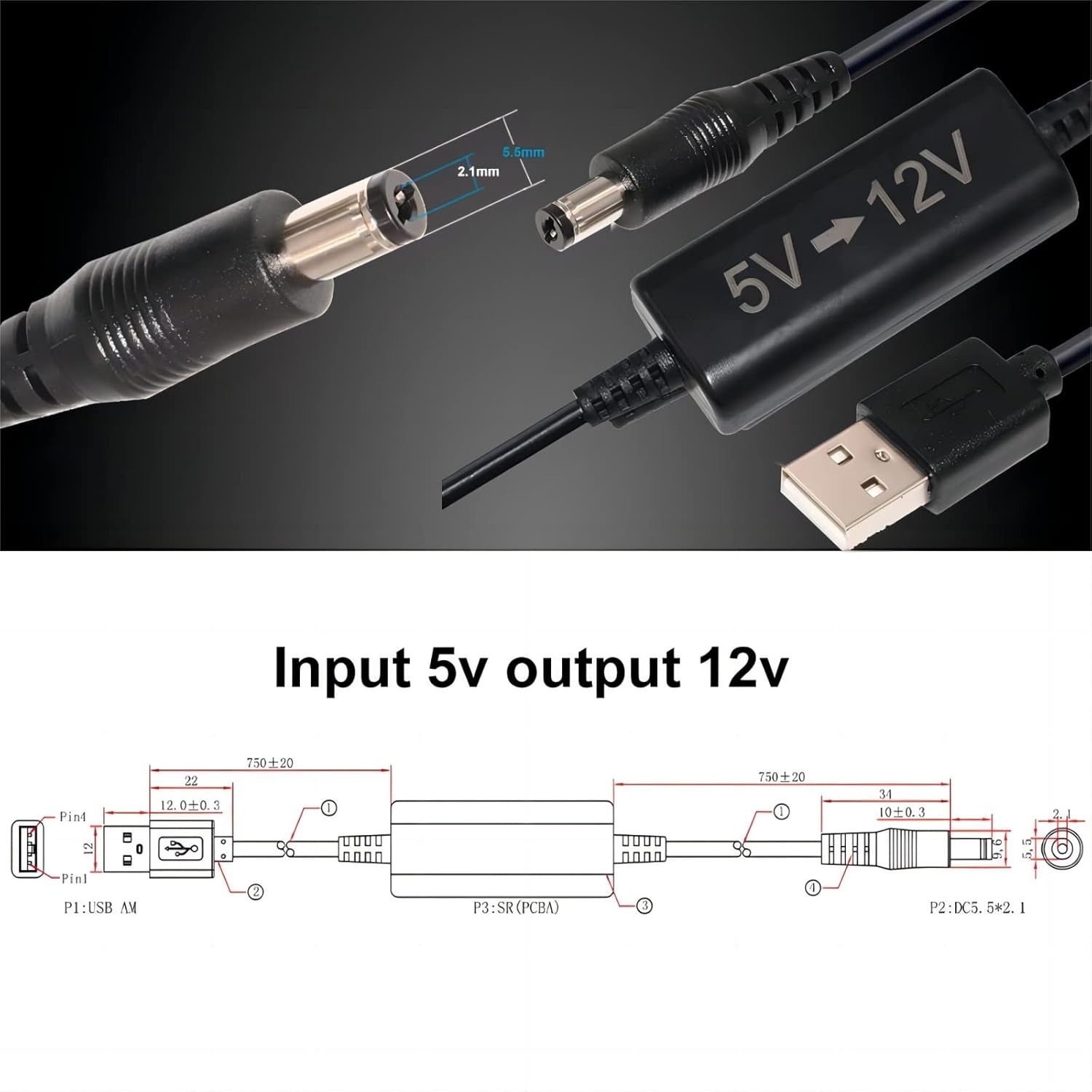 KUNCAN USB 5V a 12V DC Cable Adaptador Step Up (12V 1A Max) 1 Metro
