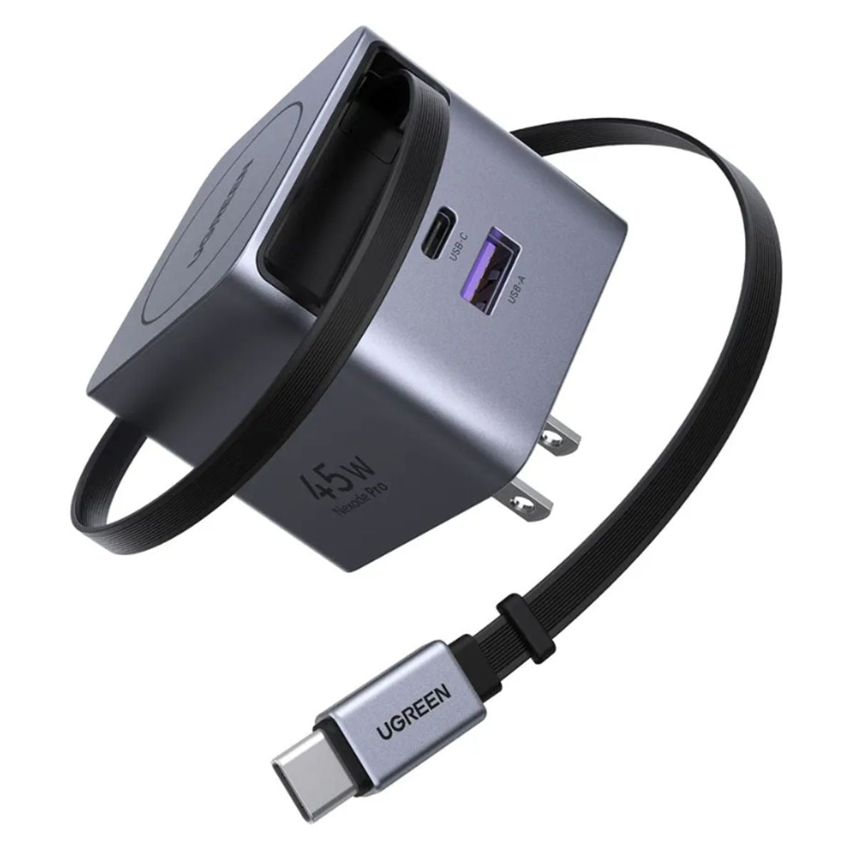 UGREEN 45W Nexode Pro GaN Cargador con Cable USB-C Retráctil y 2 Puertos