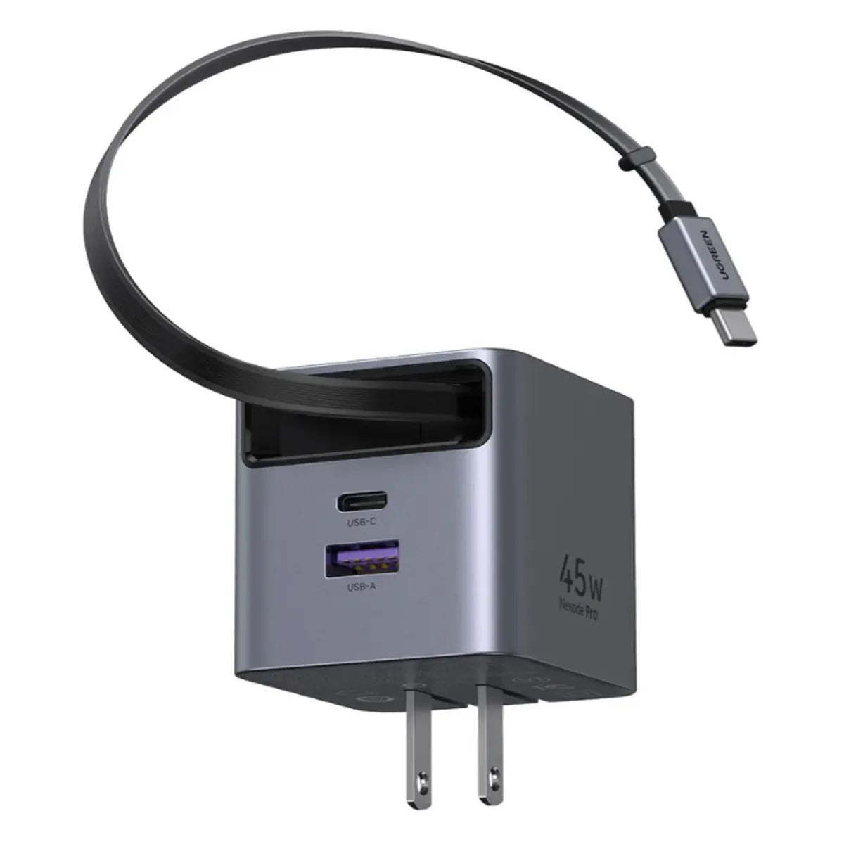 UGREEN 45W Nexode Pro GaN Cargador con Cable USB-C Retráctil y 2 Puertos