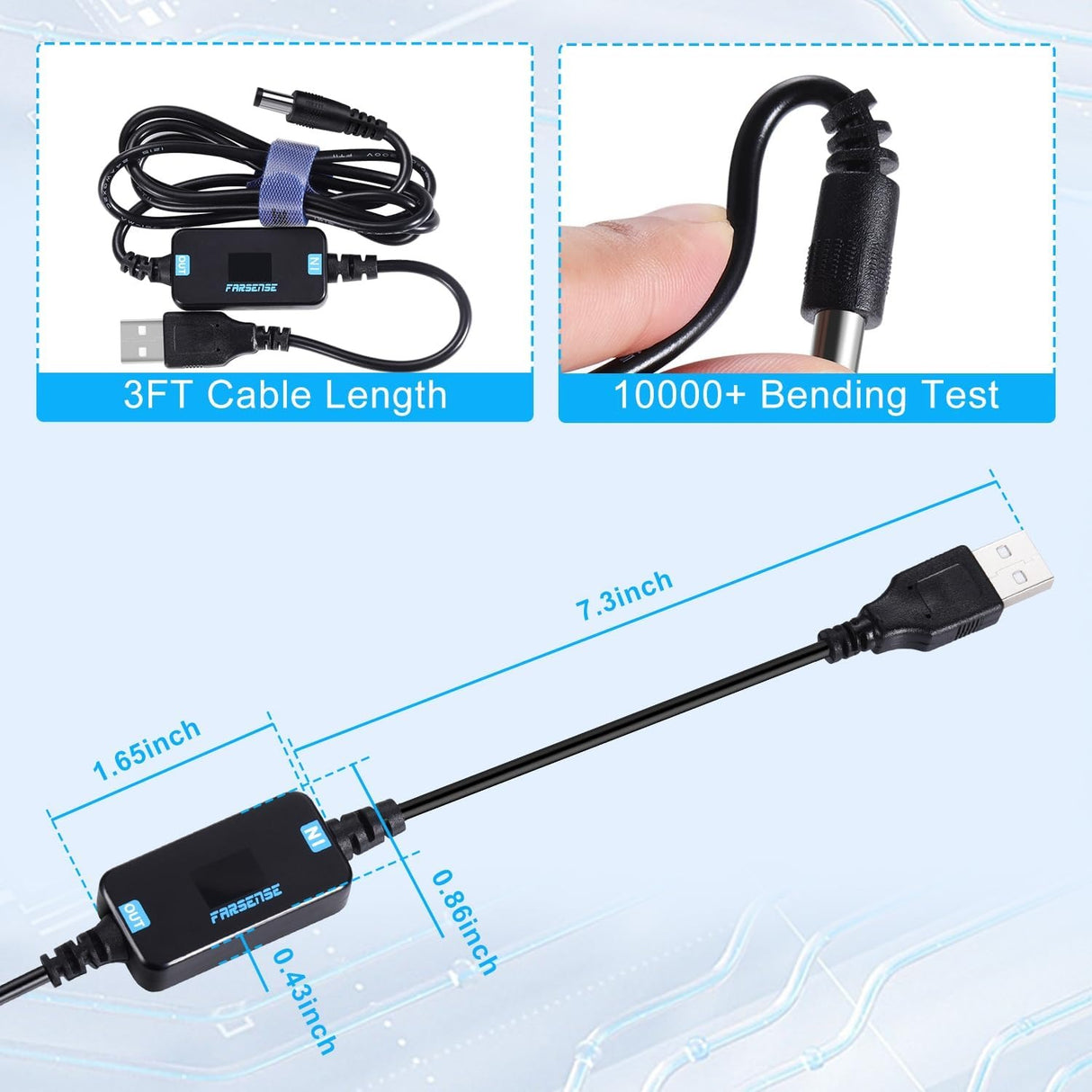 FARSENSE USB 5V a 12V DC Cable Adaptador con Pantalla Step Up (12V 1A Max) 1 Metro