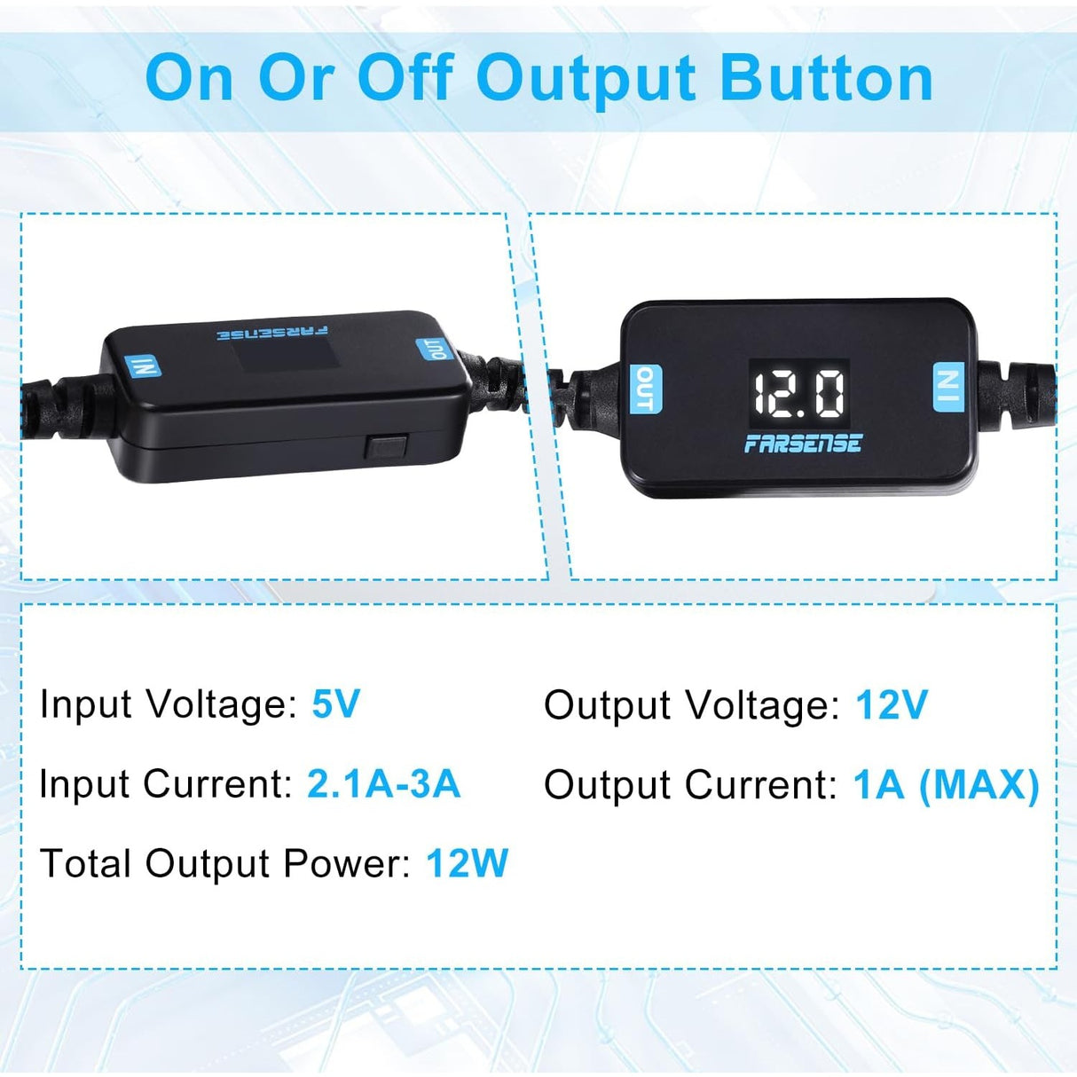 FARSENSE USB 5V a 12V DC Cable Adaptador con Pantalla Step Up (12V 1A Max) 1 Metro