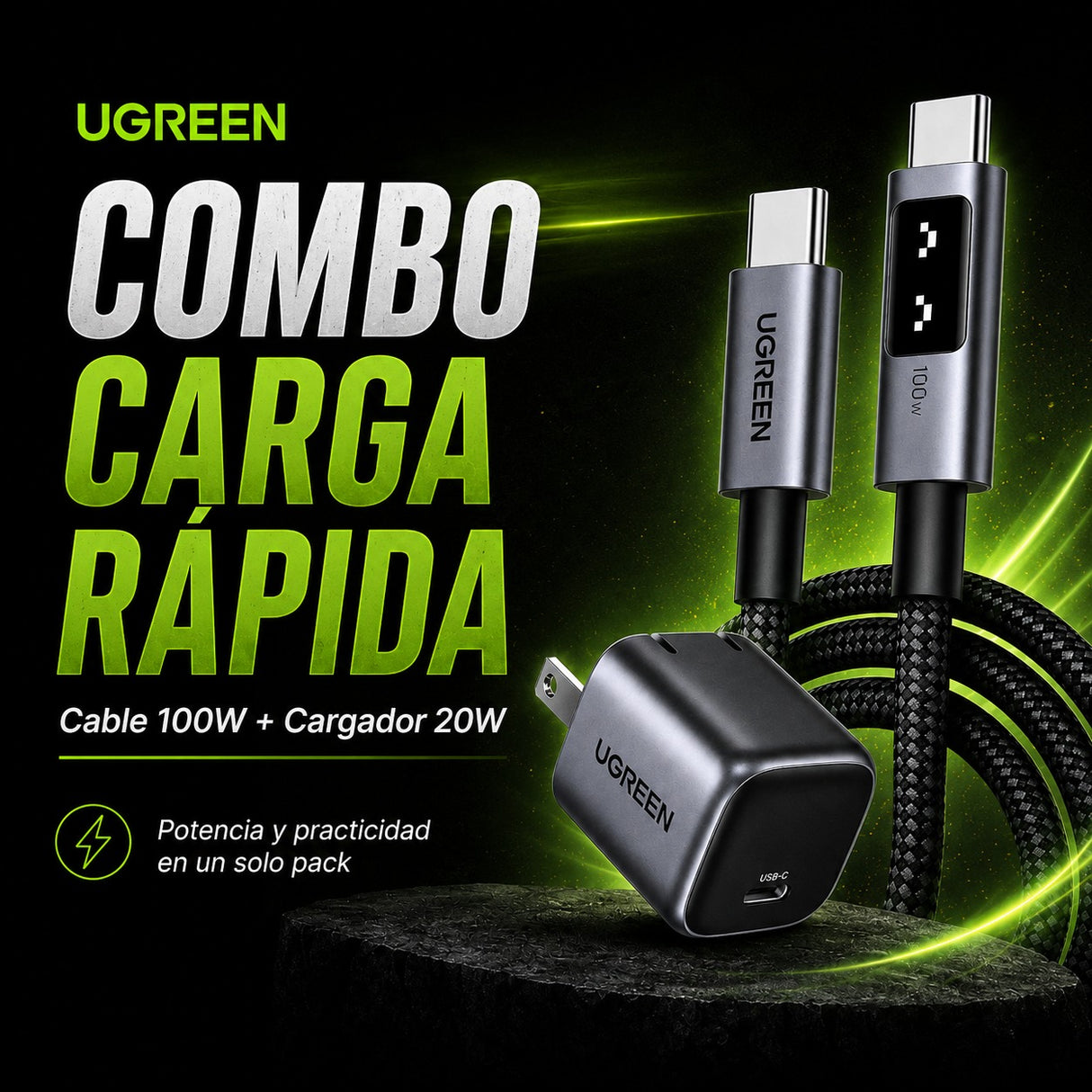 UGREEN Nexode 20W GaN Cargador + UGREEN Uno 100W Cable 1 Metro