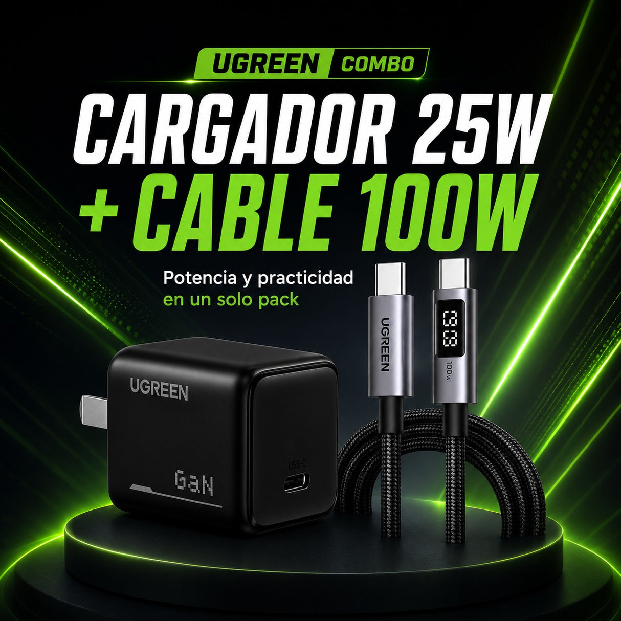 UGREEN 25W GaN Cargador + UGREEN Uno 100W Cable 1 Metro