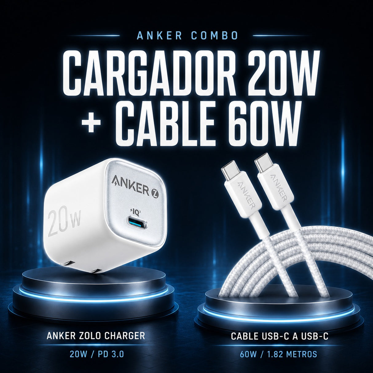 Anker Zolo Charger 20W + Anker Cable USB-C 60W 1.82 Metros