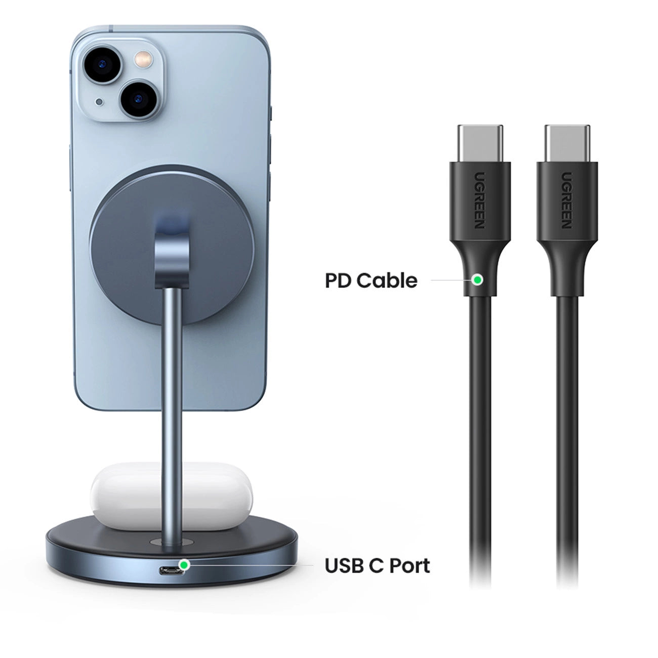 UGREEN Cargador 2 en 1 Stand MagSafe para iPhone 15/14/13/12 Series y AirPods