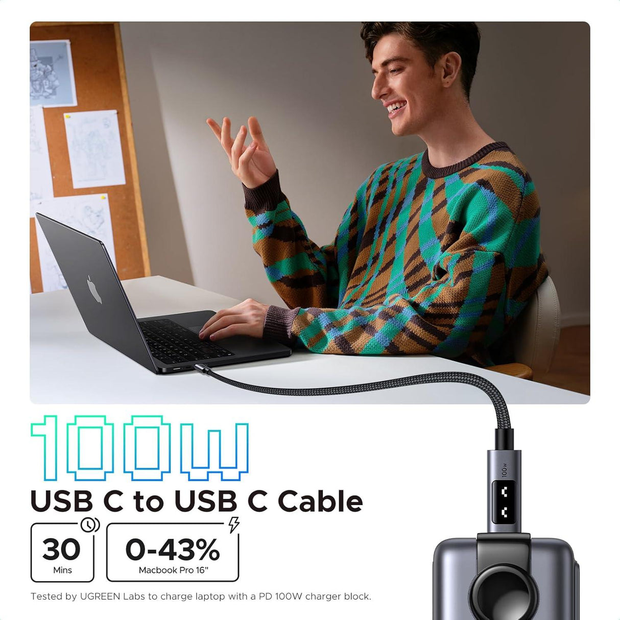 UGREEN Uno 100W Cable USB-C a USB-C Carga Rápida con Pantalla LED 1 Metro
