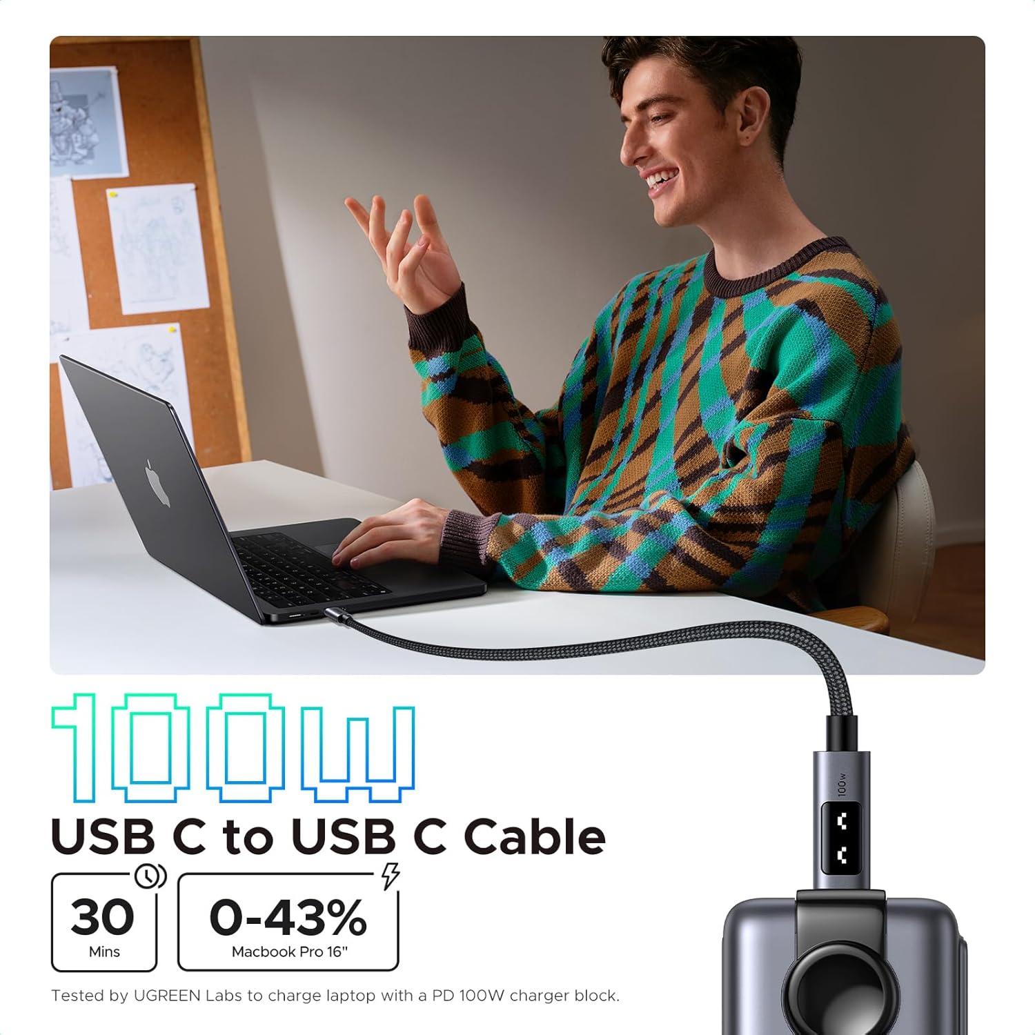 UGREEN Uno 100W Cable USB-C a USB-C Carga Rápida con Pantalla LED 1 Metro