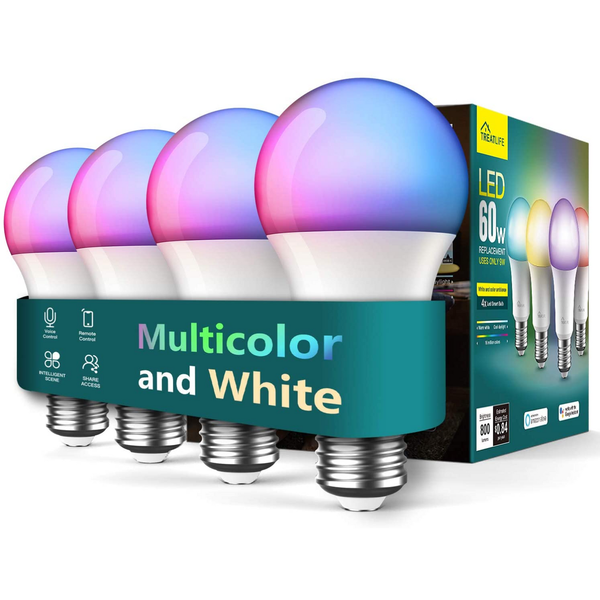 Treatlife Color RGB Paquete de 4 Focos LED Inteligentes WiFi No Requiere Hub Funciona con Alexa & Google Assistant