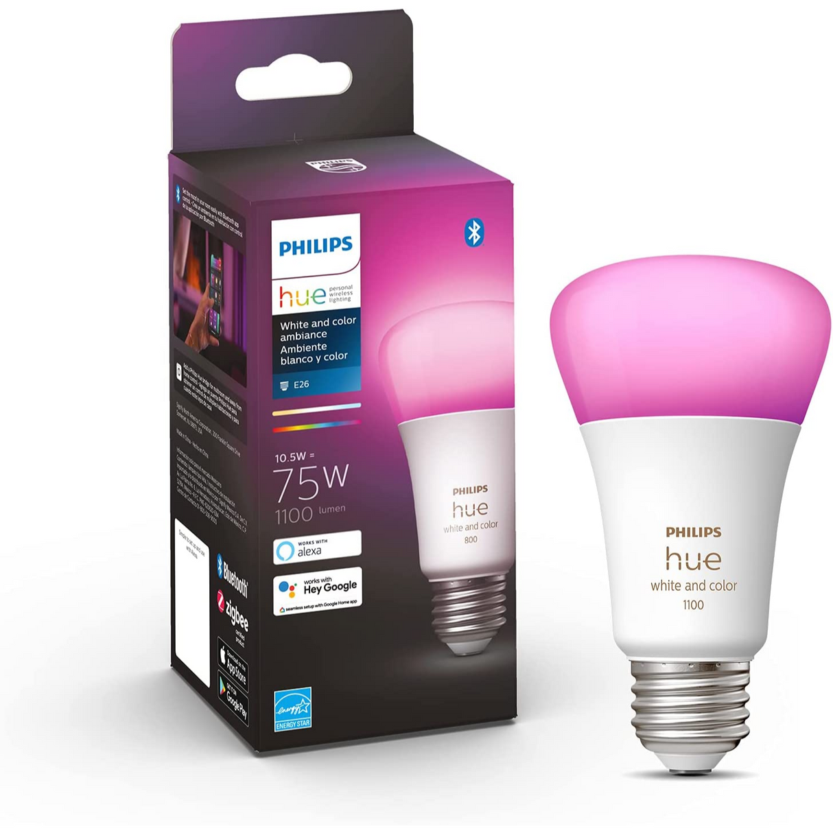 Philips Hue White and Color Foco A19 1100 Lúmenes Bluetooth & Zigbee Funciona con Alexa y Google