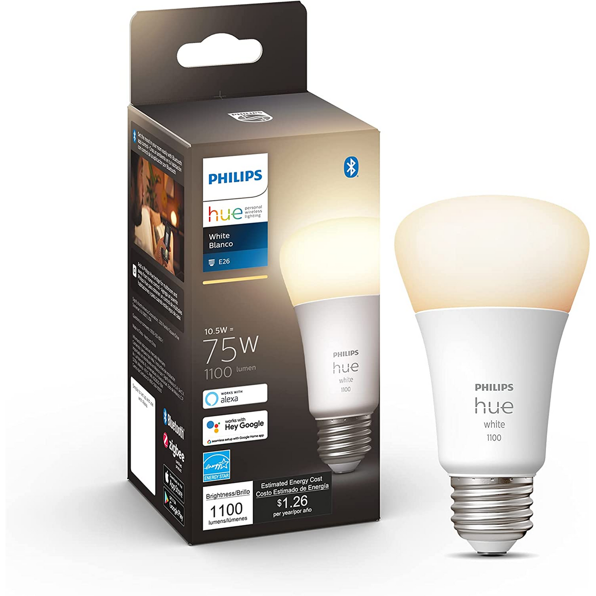 Philips Hue White Foco A19 1100 Lúmenes Bluetooth & Zigbee Funciona con Alexa y Google