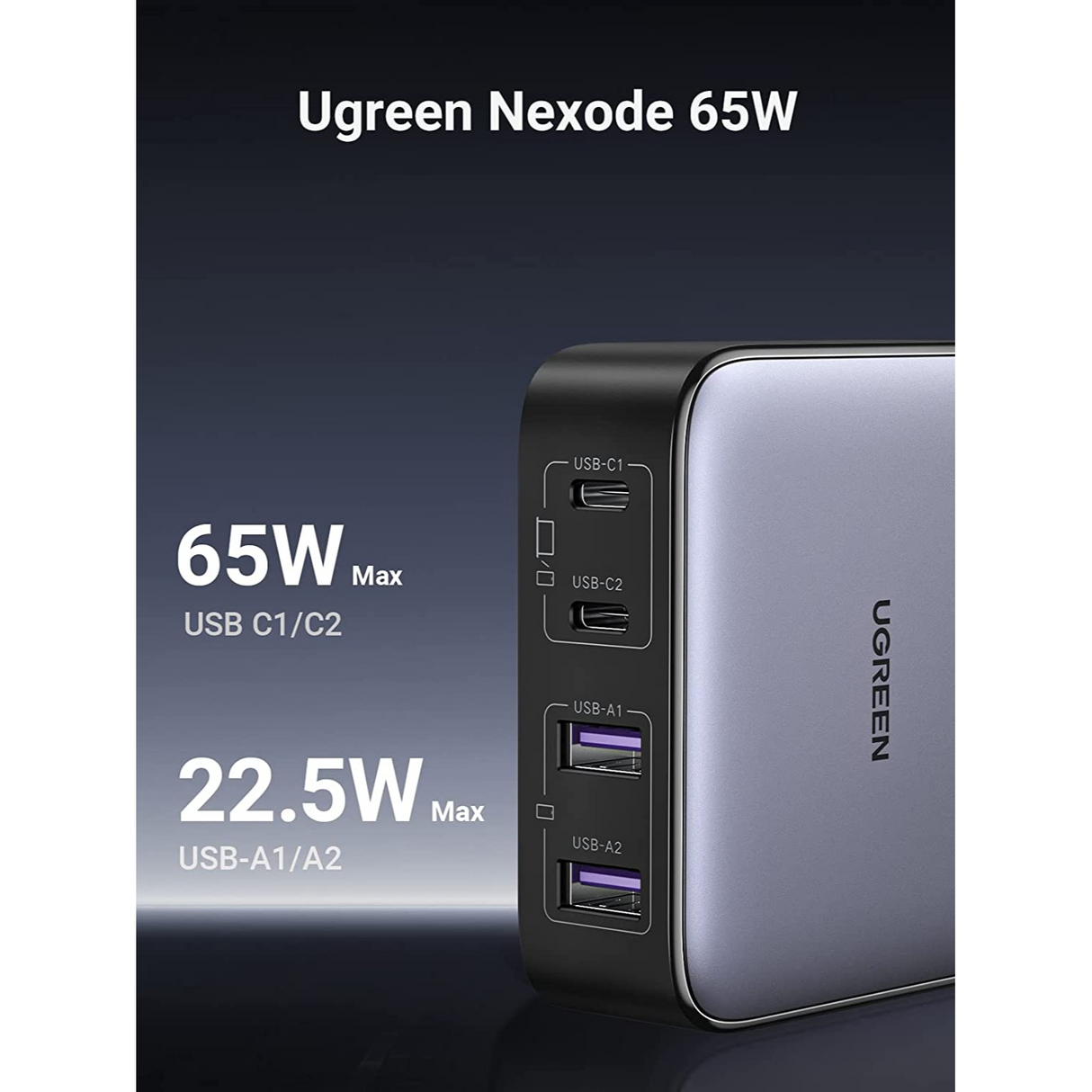 UGREEN 65W USB-C Estación de Carga, Nexode 4 Puertos, GaN Desktop Charger Compatible con iPhone 14/13/12 Series, Galaxy S22, iPad, MacBook Pro, Steam Deck y más