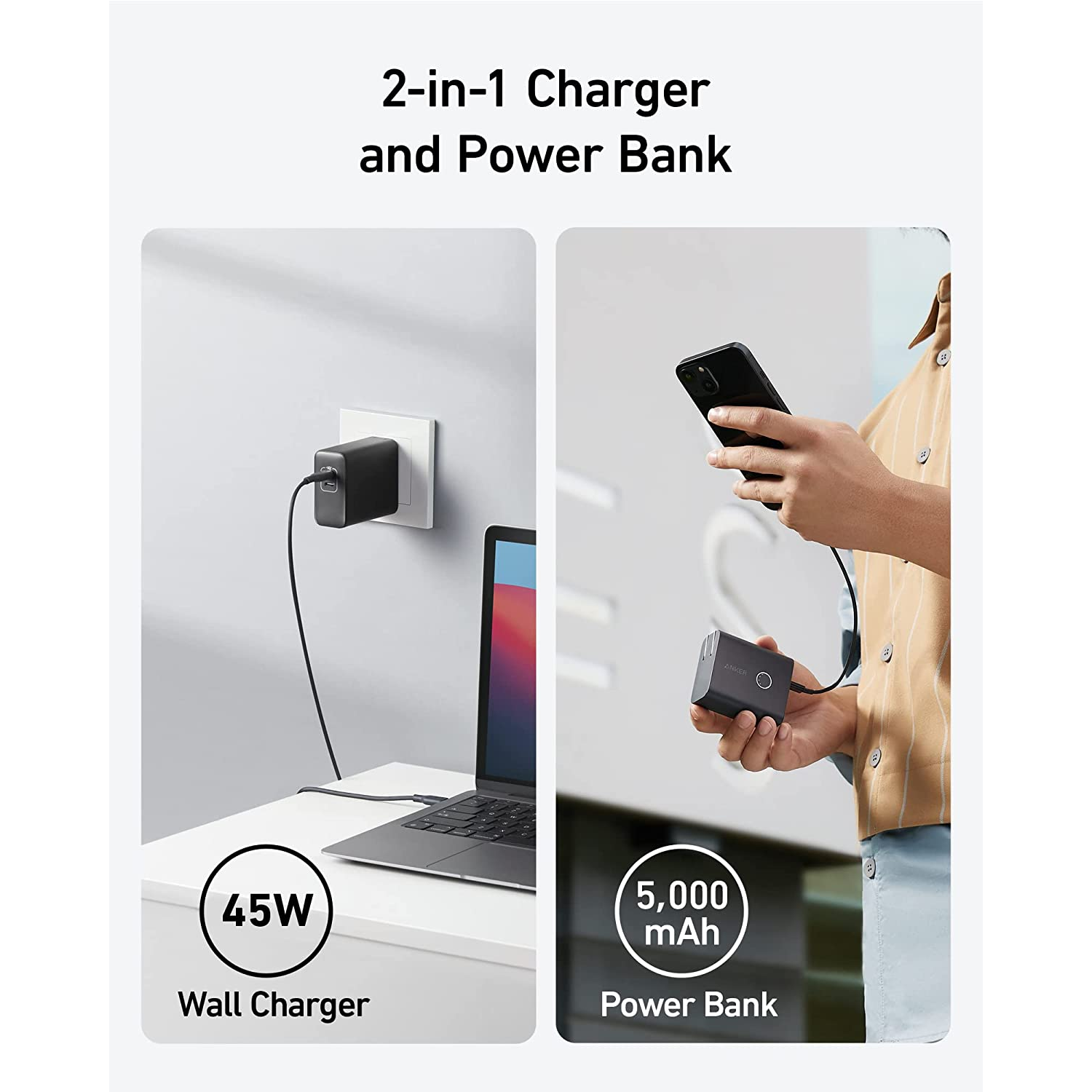 Anker 521 45W Cargador con Power Bank de 5000mAh 20W (PowerCore Fusion), Doble Puerto USB-C para iPhone 14/13/12 Series, iPad Pro, AirPods, Apple Watch y más