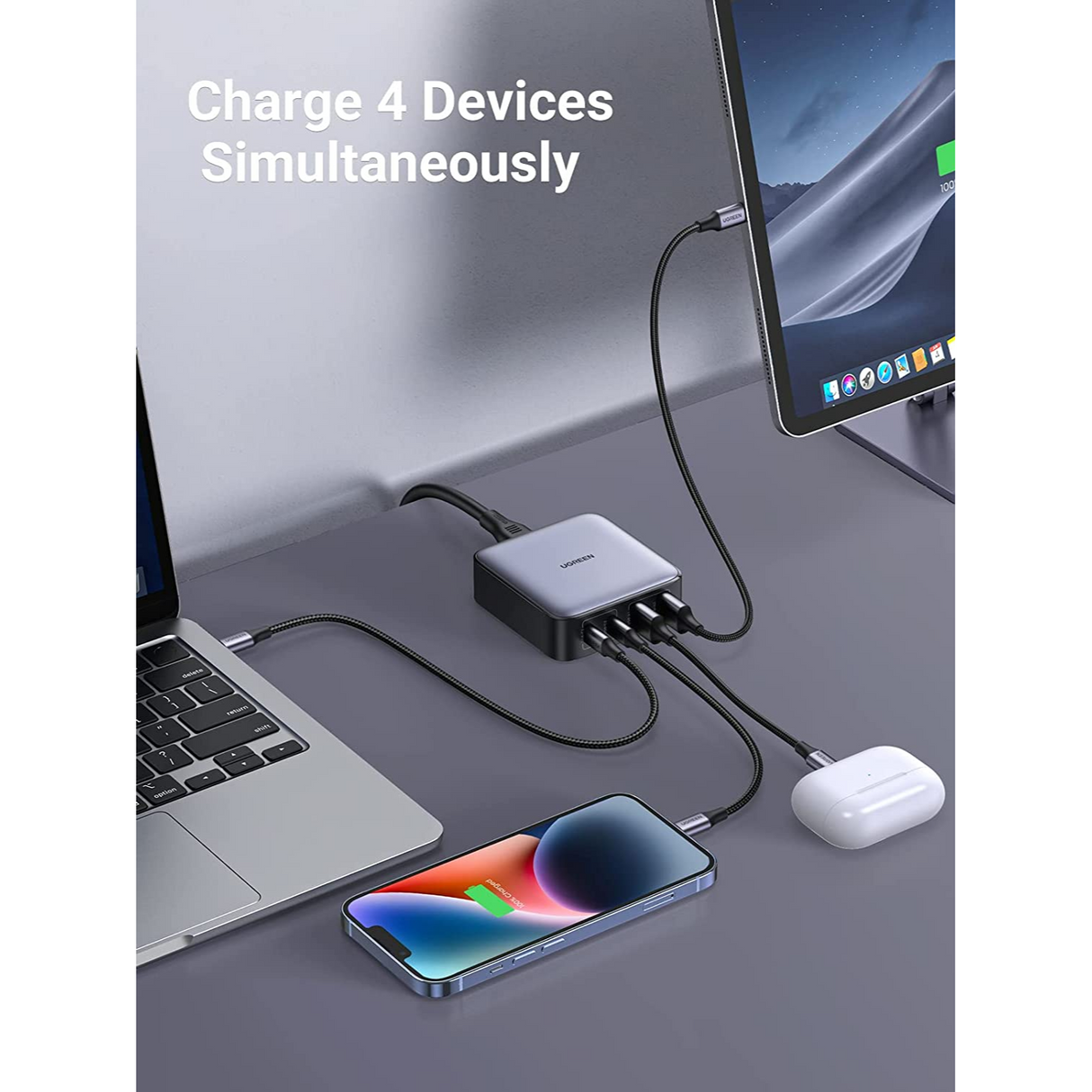 UGREEN 65W USB-C Estación de Carga, Nexode 4 Puertos, GaN Desktop Charger Compatible con iPhone 14/13/12 Series, Galaxy S22, iPad, MacBook Pro, Steam Deck y más