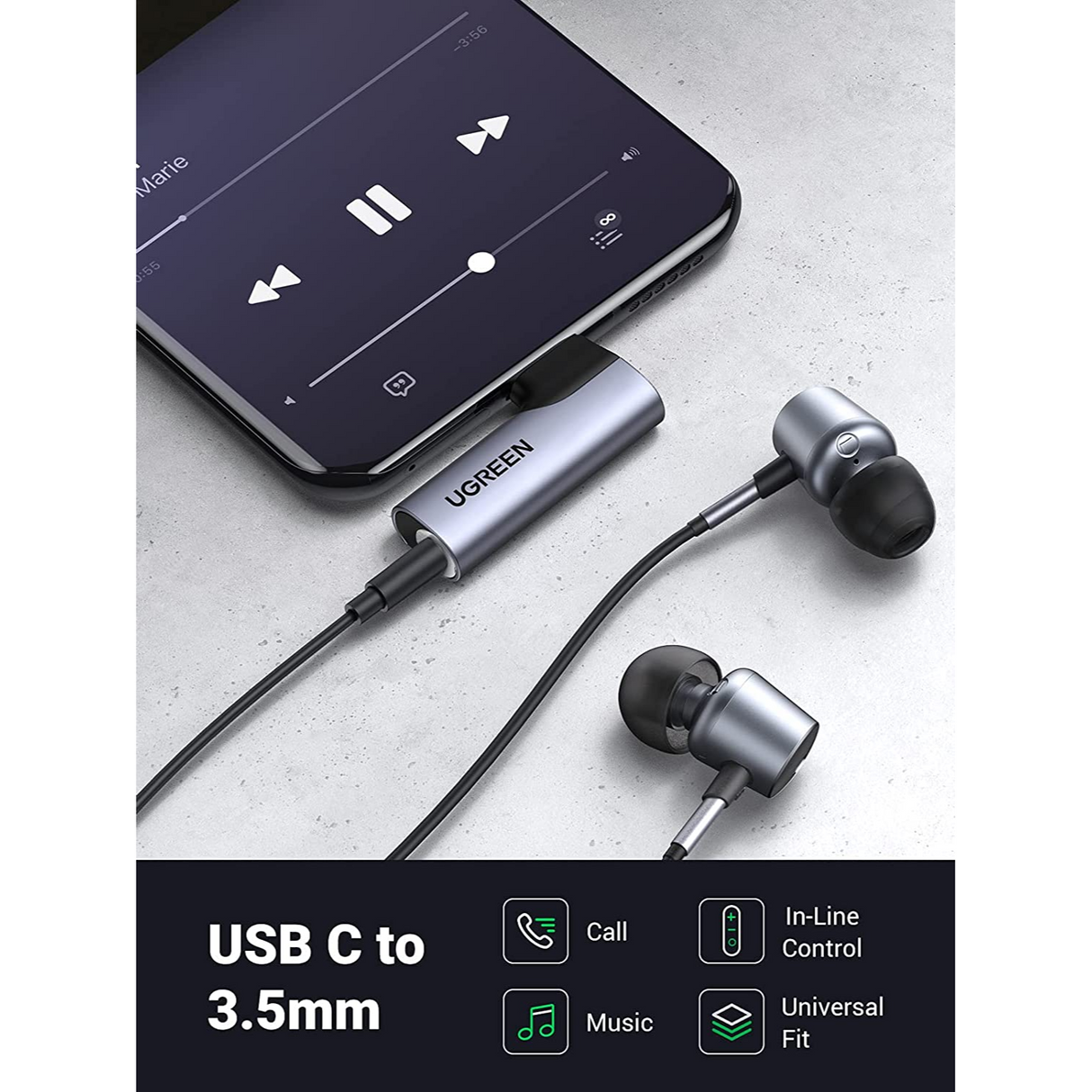 UGREEN Adaptador de Audio USB-C a 3.5mm auxiliar, micrófono estéreo DAC, HiFi, ángulo recto