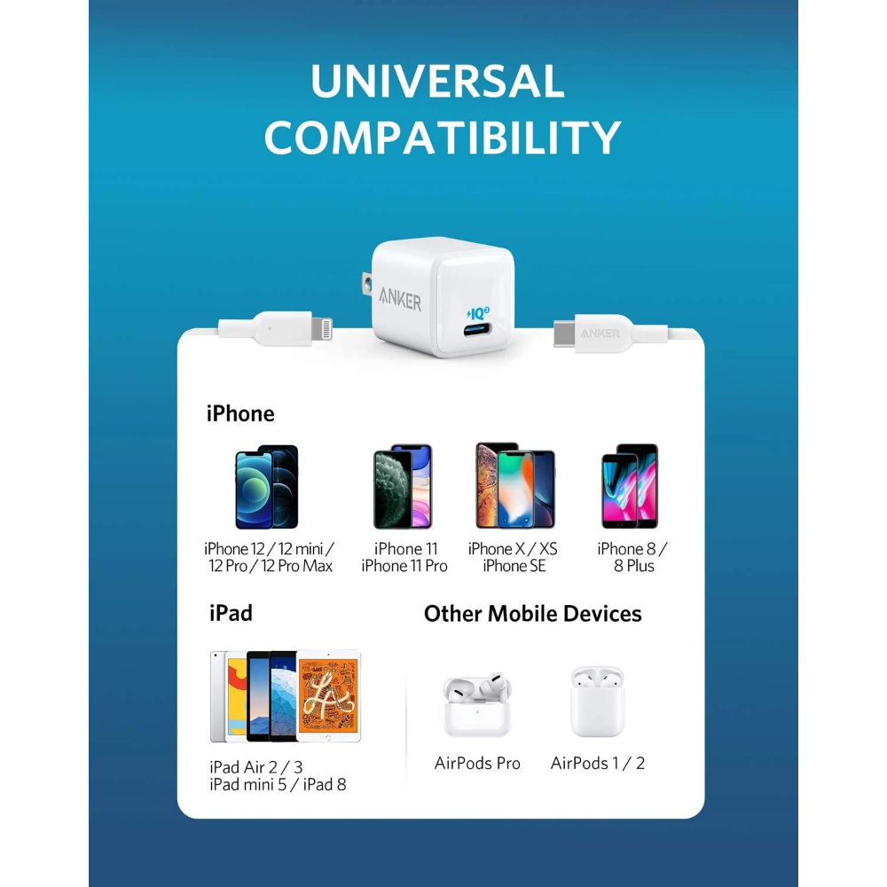 Anker PowerPort III Nano Cargador USB-C PIQ 3.0 20W con cable Lightning para iPhone / iPad Pro