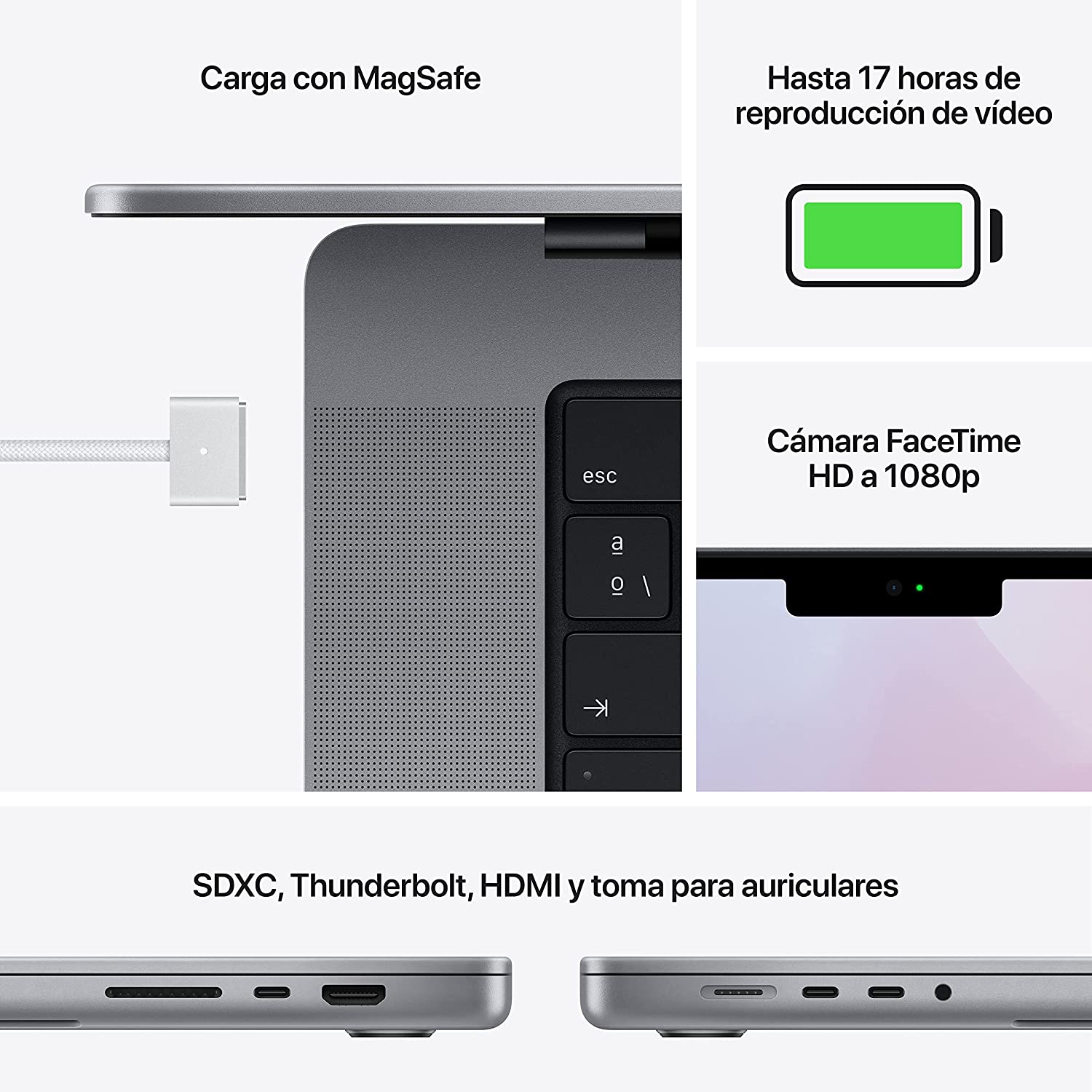 Apple MacBook Pro (chip M1 Pro de 14 pulgadas, con CPU de 8 núcleos y GPU de 14 núcleos, 16 GB de RAM, 512 GB SSD) - Gris espacial