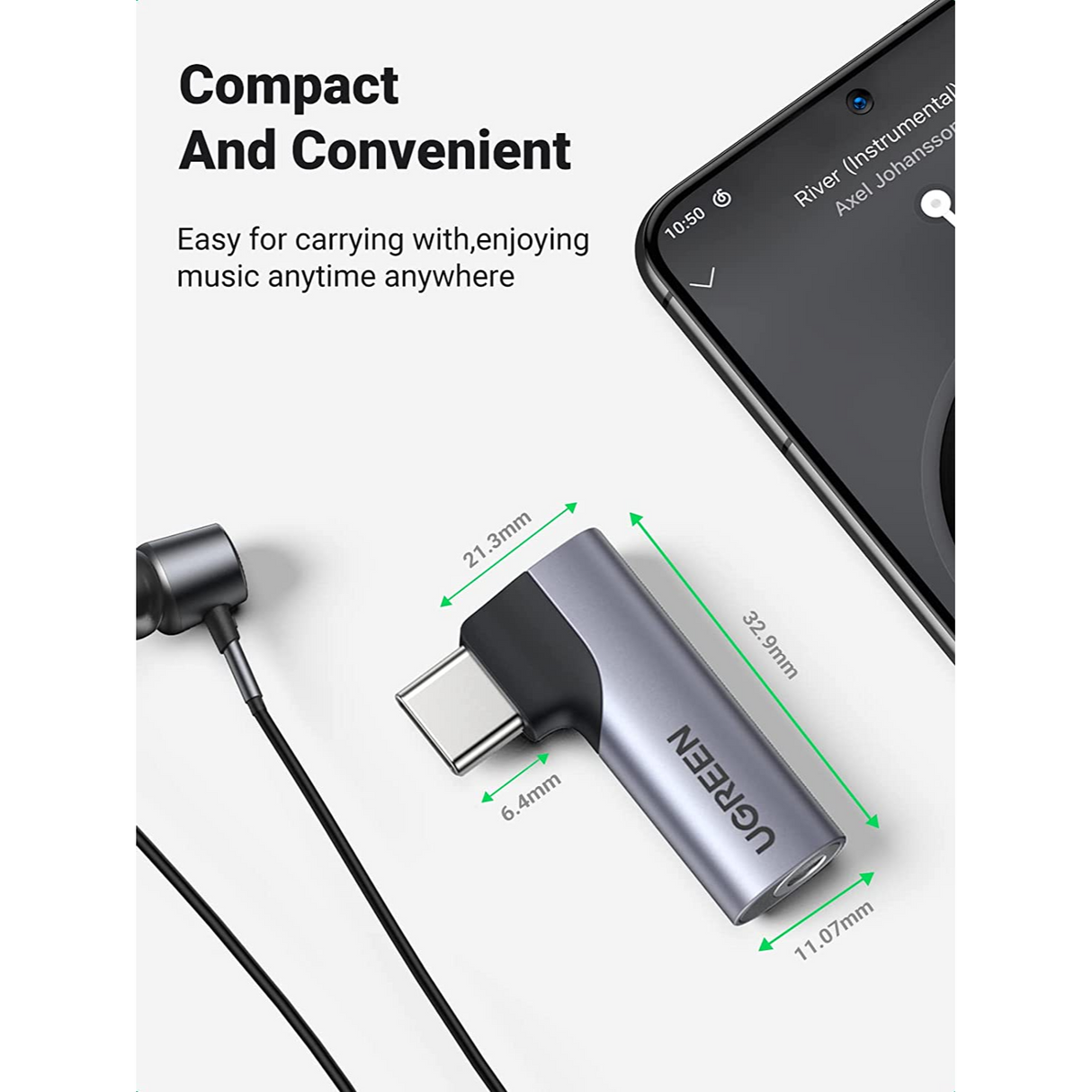 UGREEN Adaptador de Audio USB-C a 3.5mm auxiliar, micrófono estéreo DAC, HiFi, ángulo recto