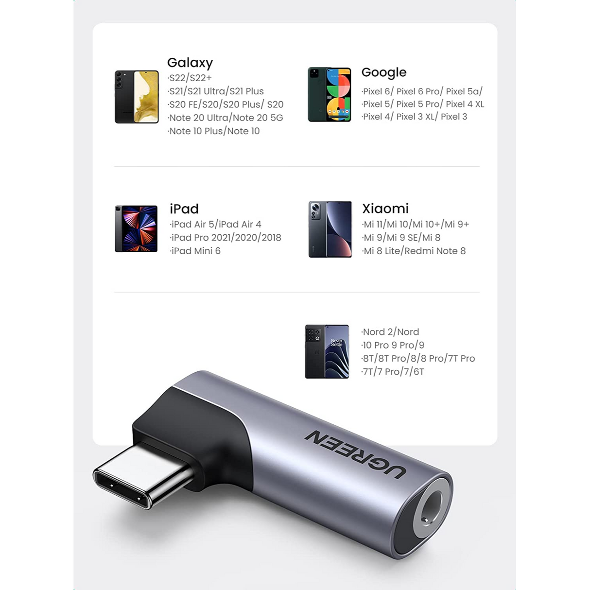 UGREEN Adaptador de Audio USB-C a 3.5mm auxiliar, micrófono estéreo DAC, HiFi, ángulo recto
